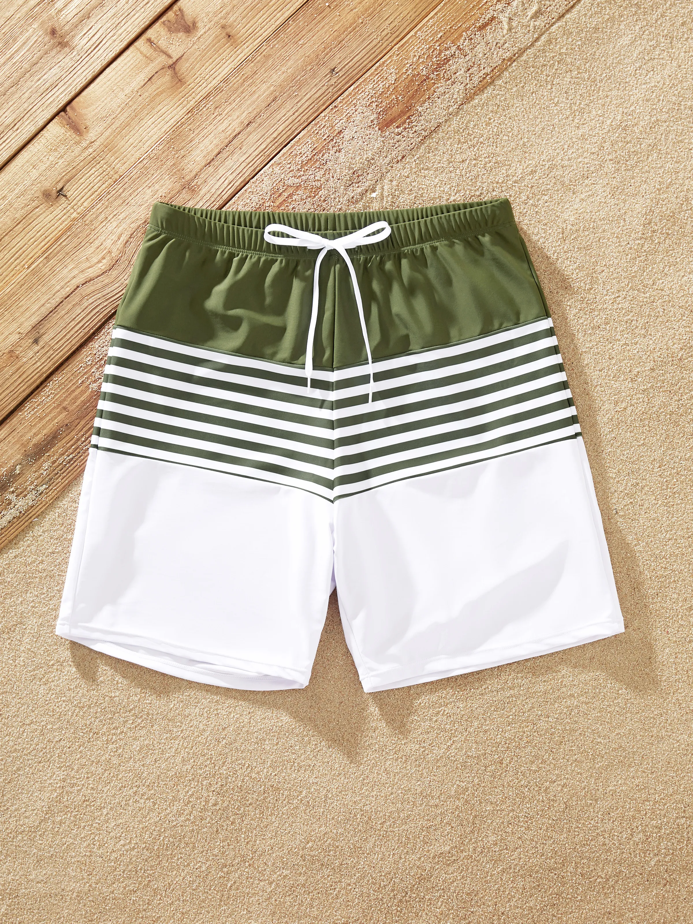 Family Matching Colorblock Stripe Swim Trunks or One Piece One Shoulder Swimsuit Army green - Image 16