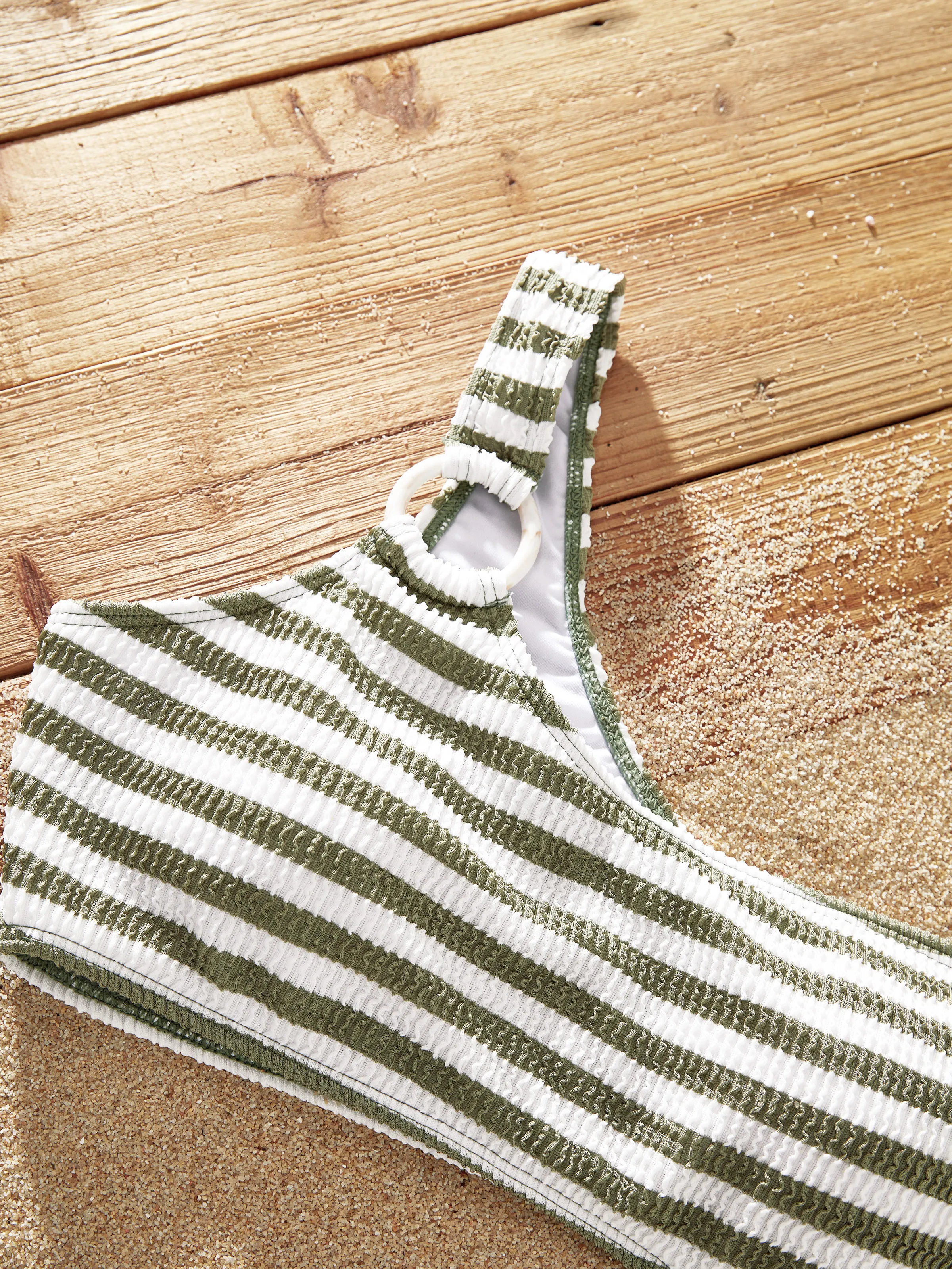 Family Matching Colorblock Stripe Swim Trunks or One Piece One Shoulder Swimsuit Army green - Image 4