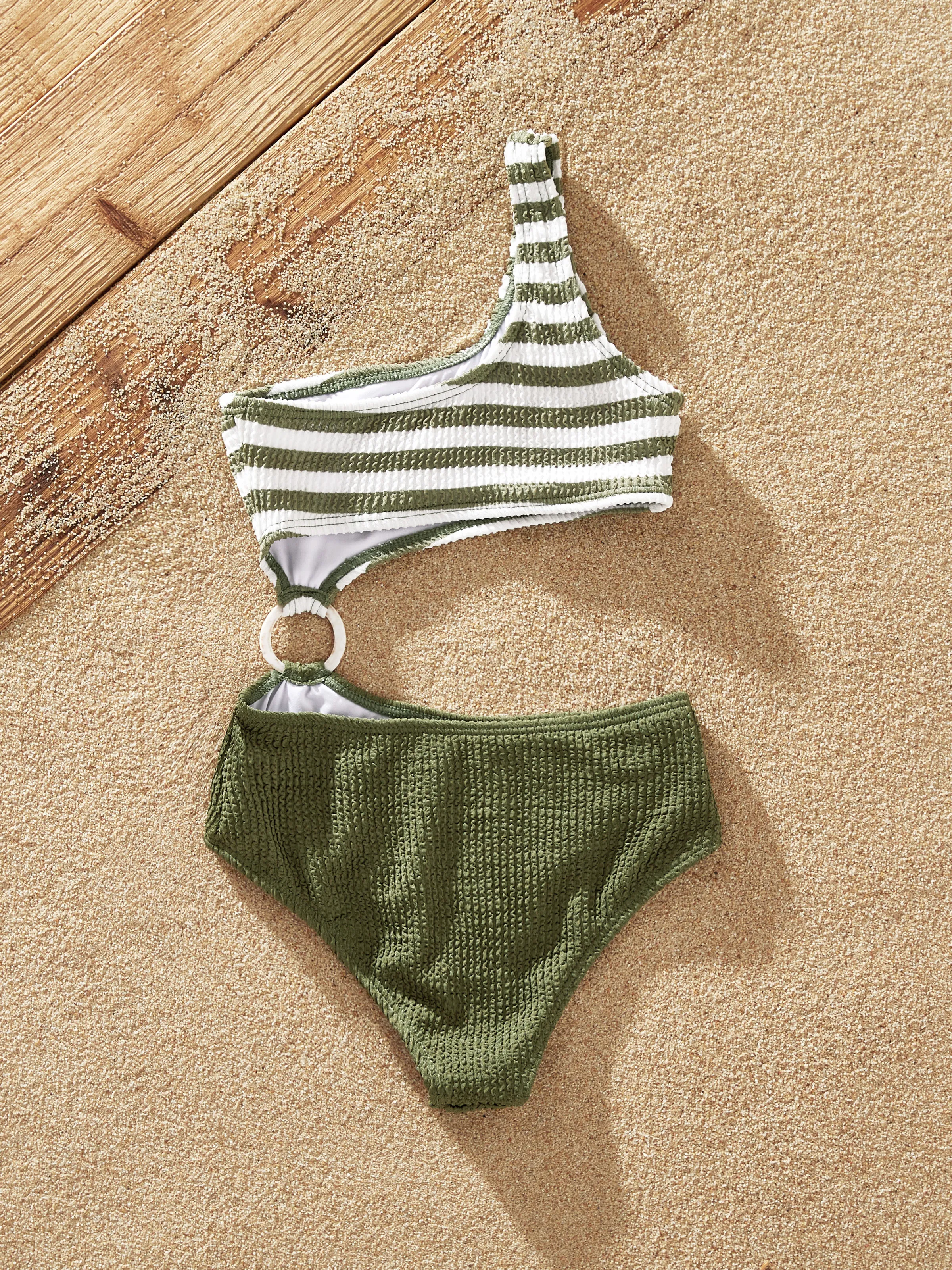 Family Matching Colorblock Stripe Swim Trunks or One Piece One Shoulder Swimsuit Army green - Image 8
