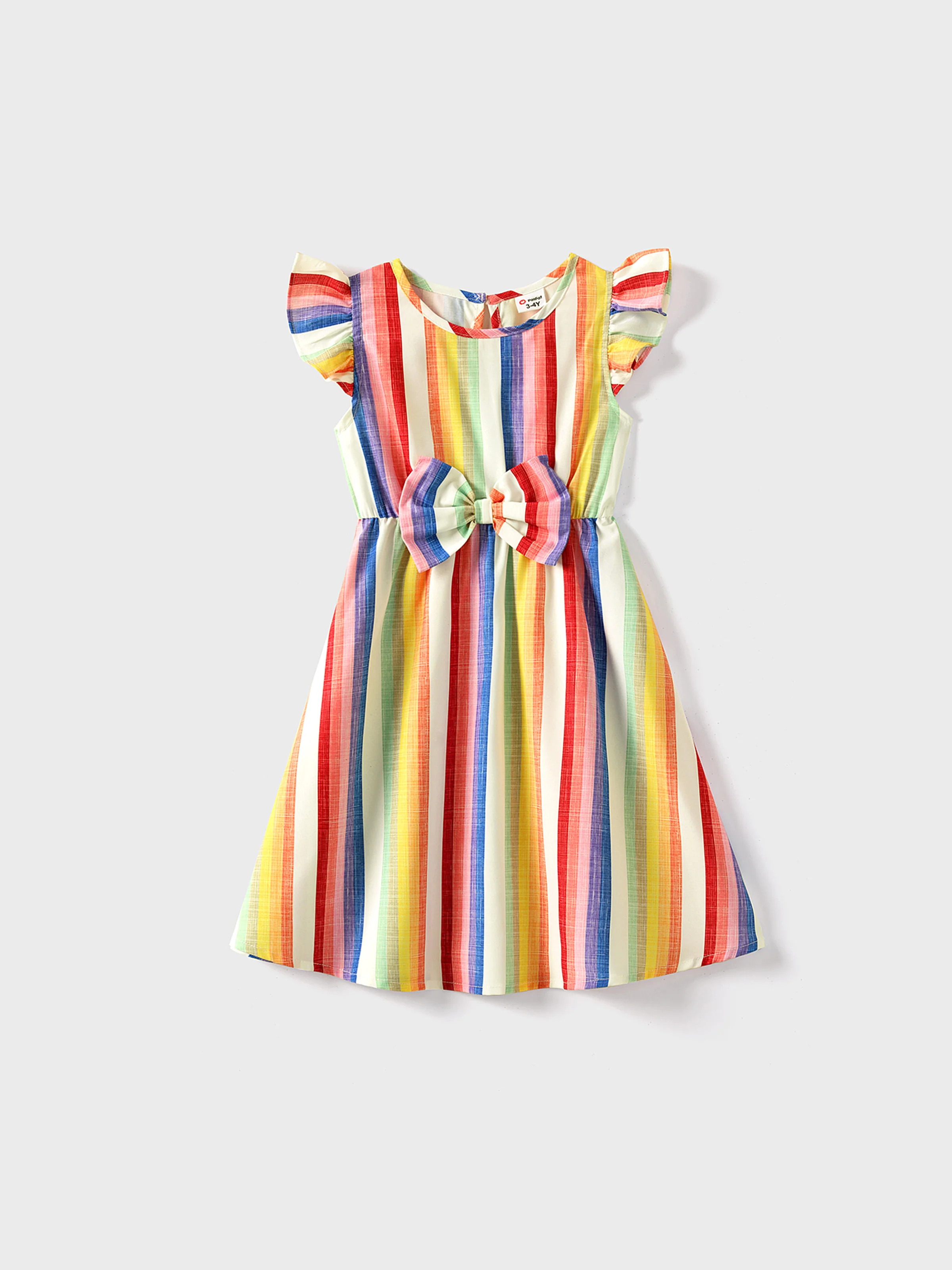 Family Matching Colorful Striped V Neck Flutter-sleeve Dresses and Short-sleeve T-shirts Sets Original White - Image 2