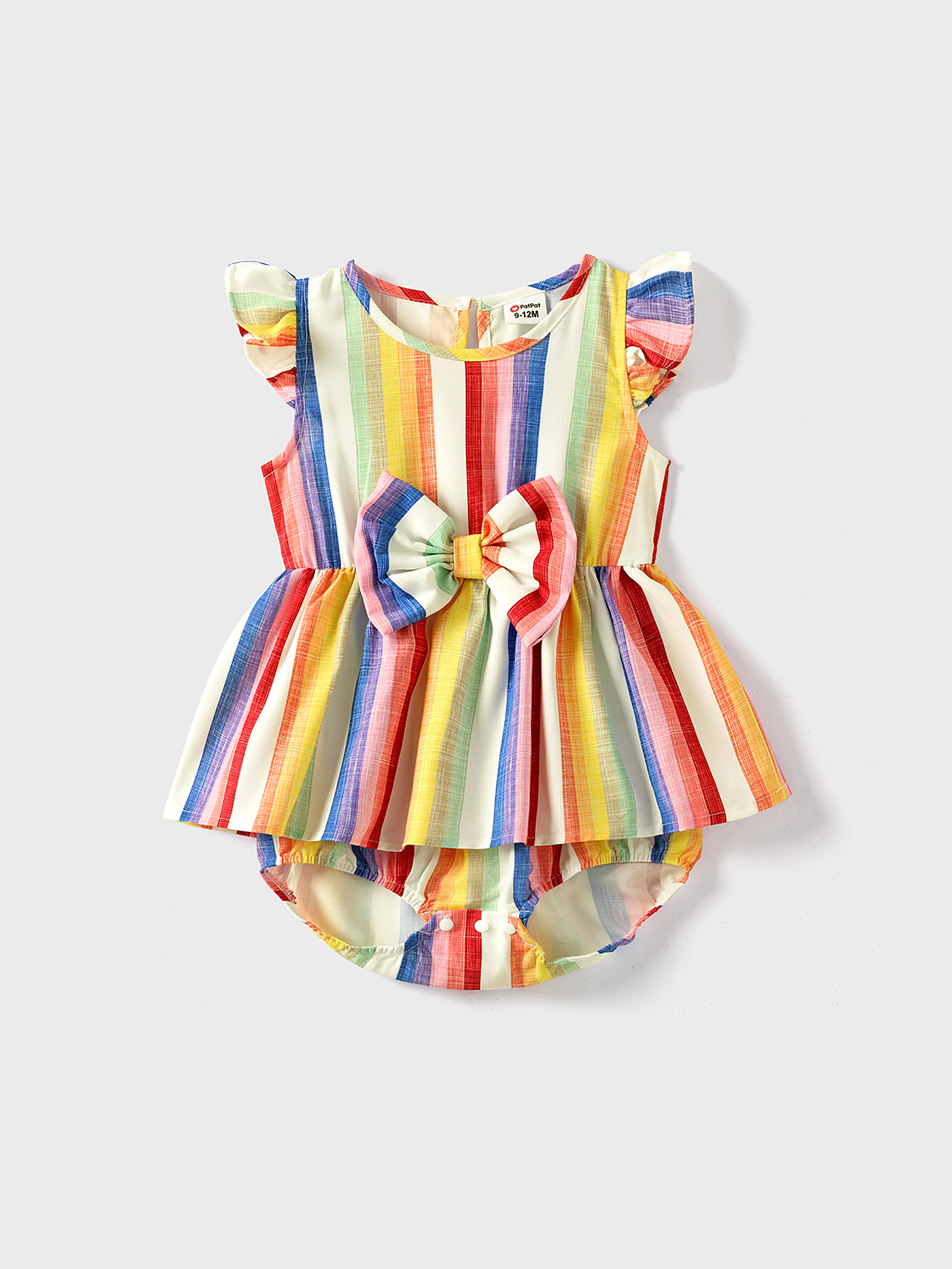 Family Matching Colorful Striped V Neck Flutter-sleeve Dresses and Short-sleeve T-shirts Sets Original White - Image 4