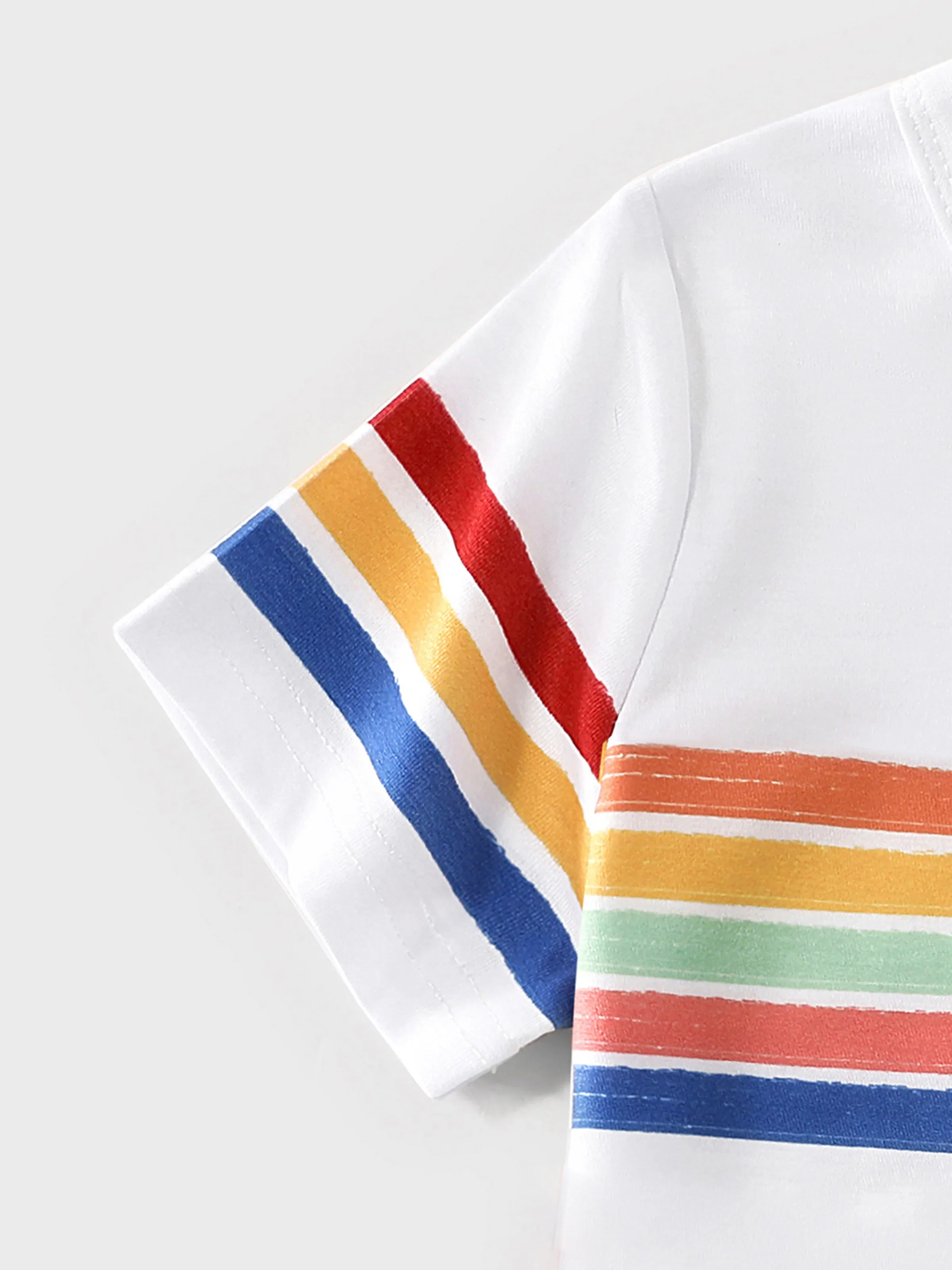 Family Matching Colorful Striped V Neck Flutter-sleeve Dresses and Short-sleeve T-shirts Sets Original White - Image 9