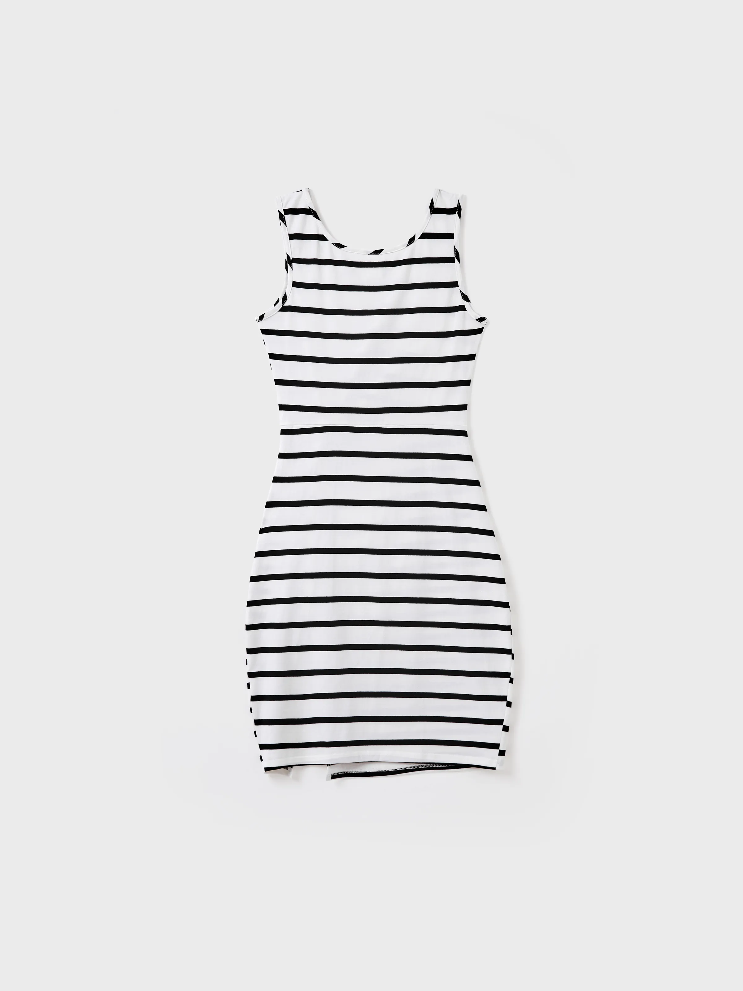 Family Matching Cotton Set Black and White Stripe T-shirt or Strap Bodycon Dress Black+White - Image 3
