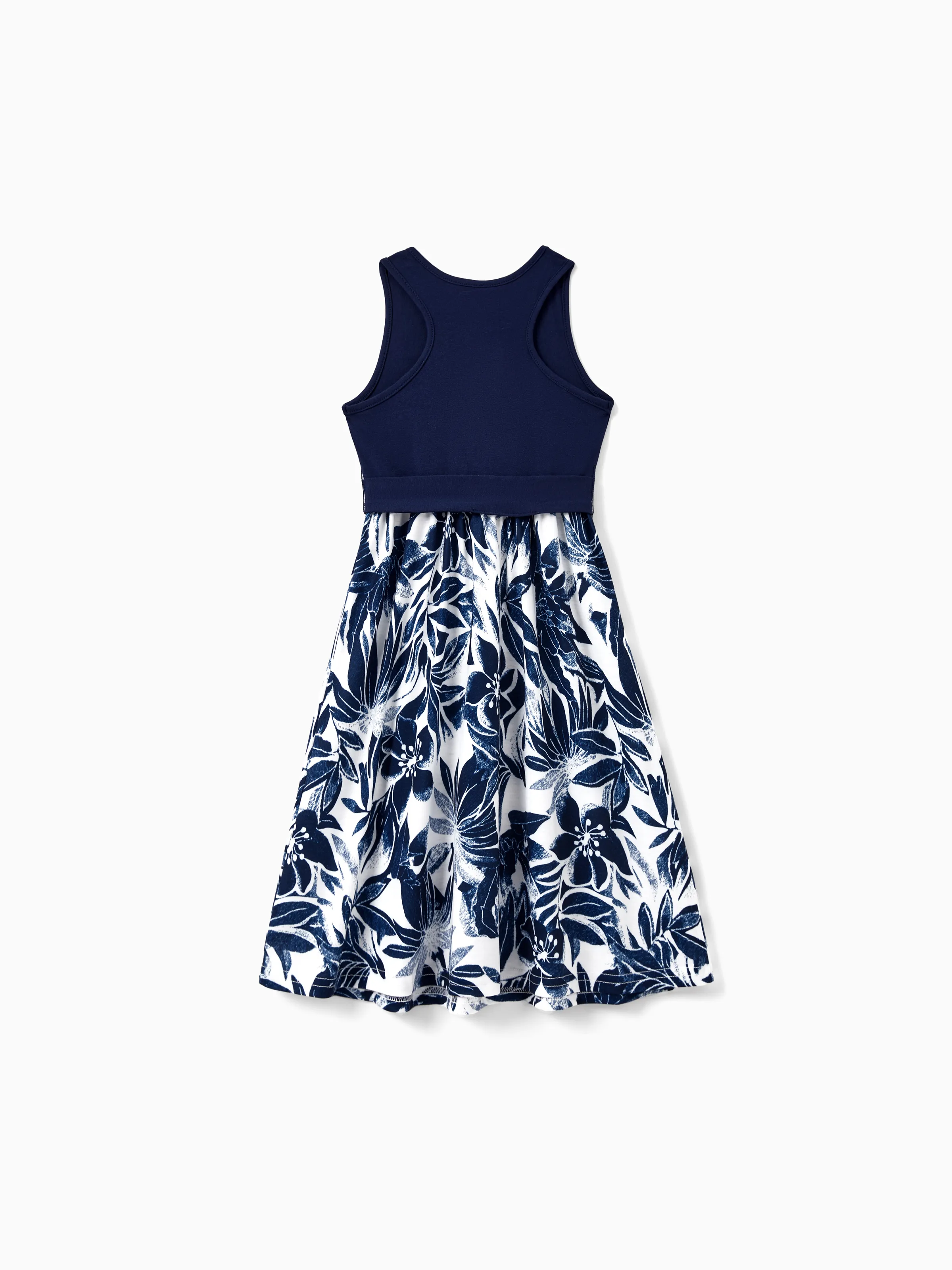 Family Matching Cotton Tee Flora Print Splicing Shirt or Tank Dress Deep Blue - Image 9