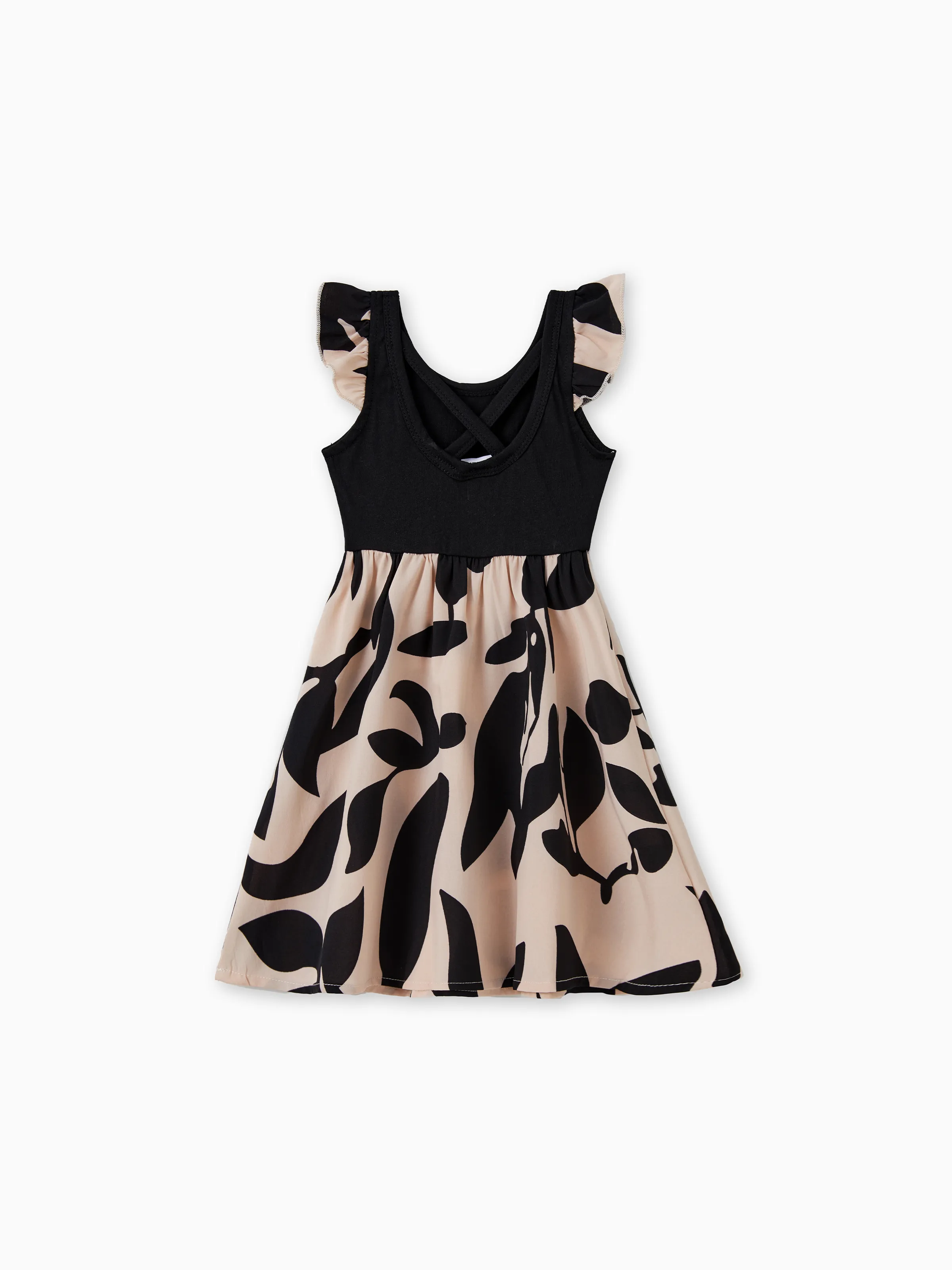 Family Matching Cross Back Floral Strap Dress and Colorblock Top Sets Black - Image 14