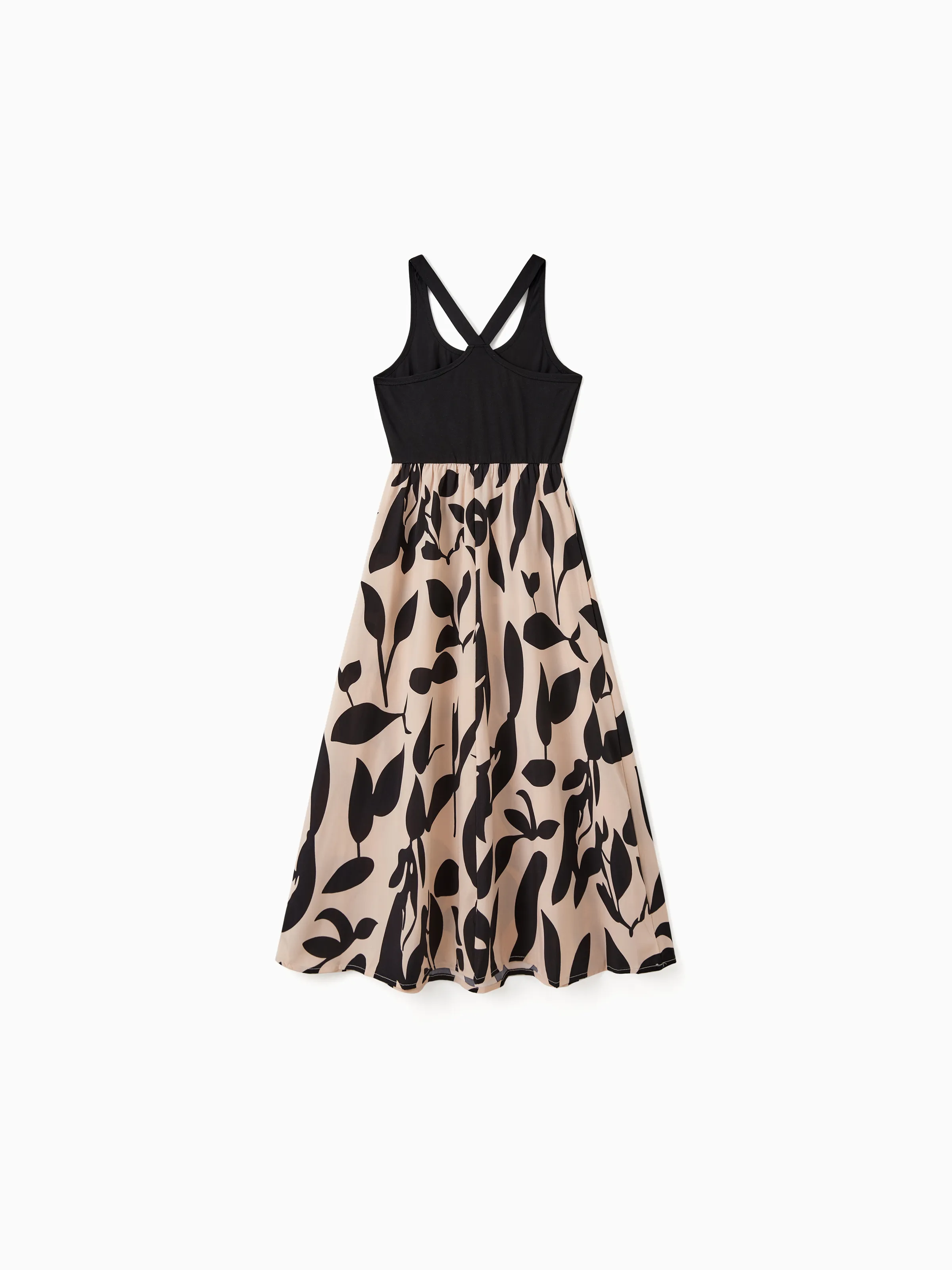 Family Matching Cross Back Floral Strap Dress and Colorblock Top Sets Black - Image 3