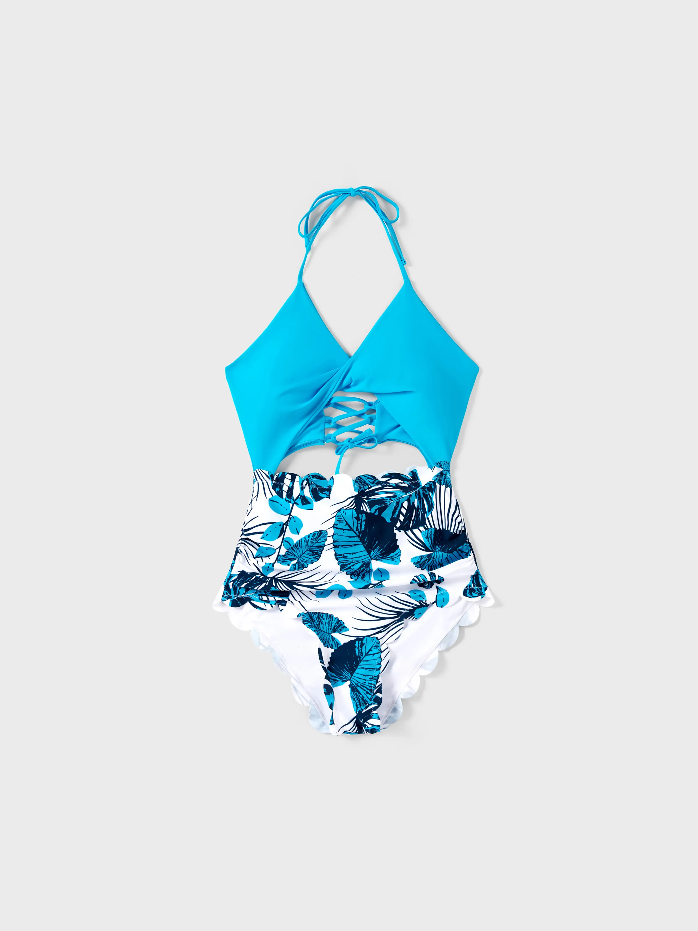 Family Matching Drawstring Swim Trunks or Cut Out Lace UP Back One-Piece Swimsuit BLUEWHITE - Image 2