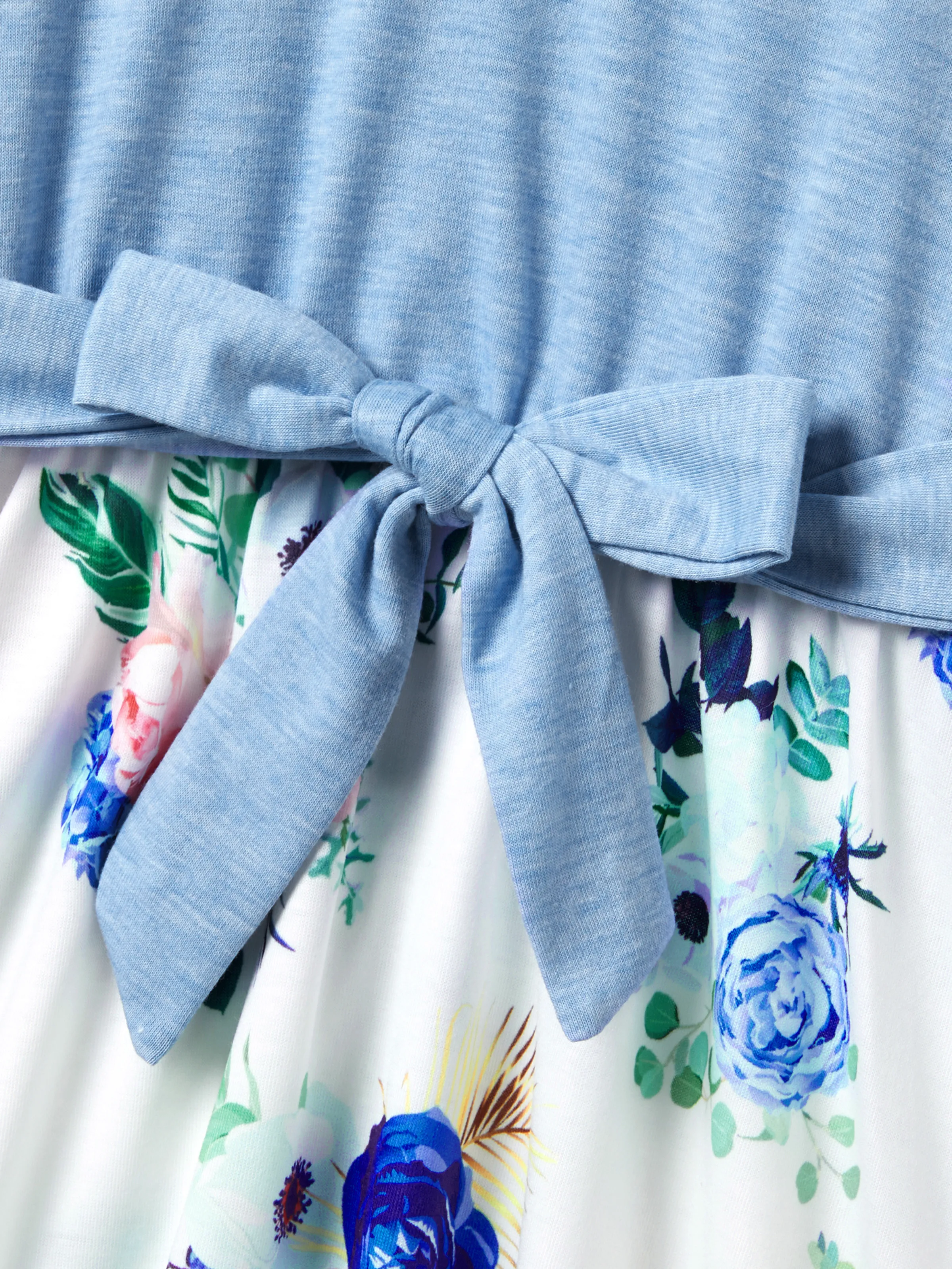 Family Matching Floral Colorblock T-Shirt and Quarter Button Belted Spliced A-Line Dress Sets lightskyblue - Image 10