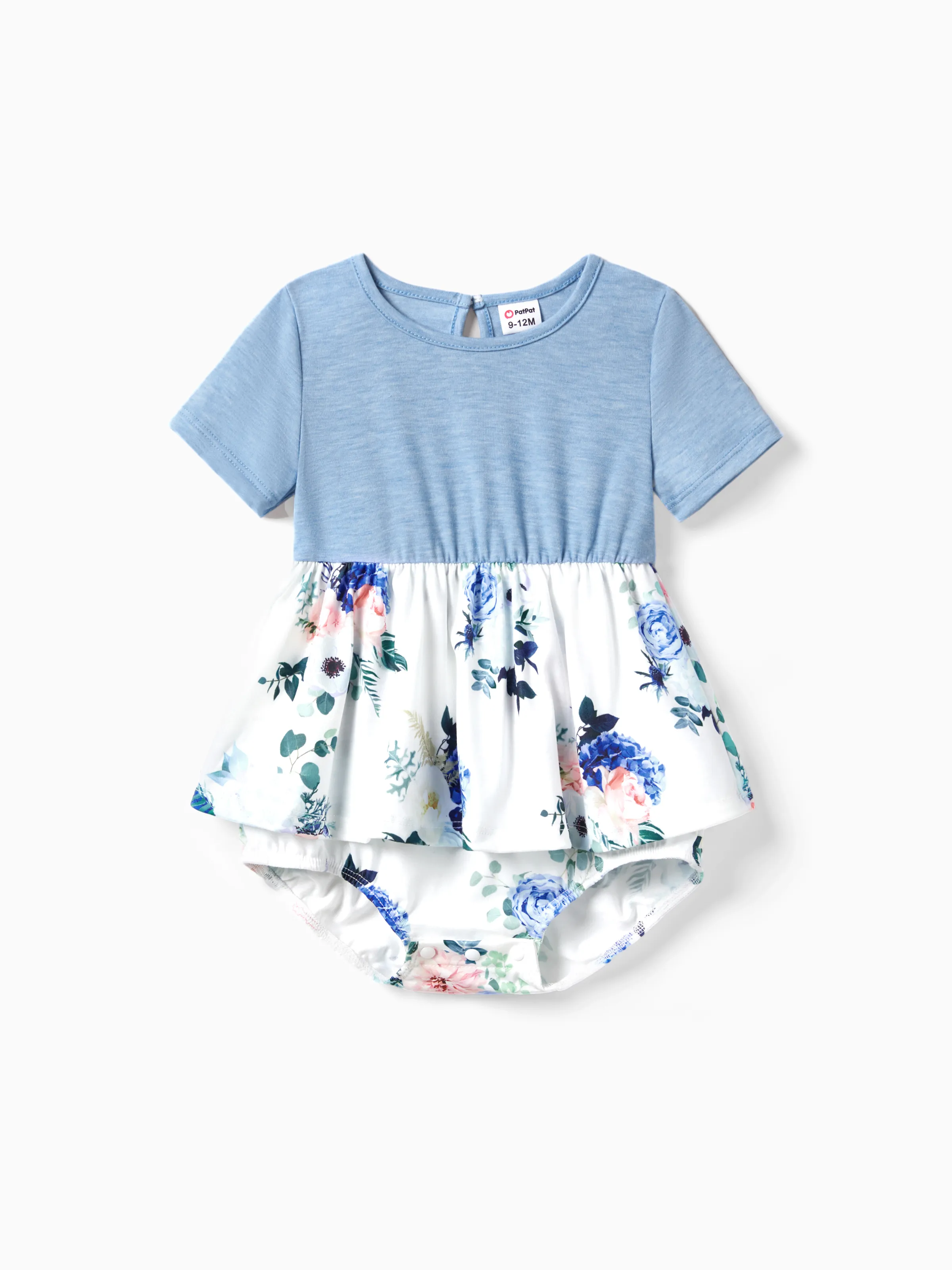 Family Matching Floral Colorblock T-Shirt and Quarter Button Belted Spliced A-Line Dress Sets lightskyblue - Image 11