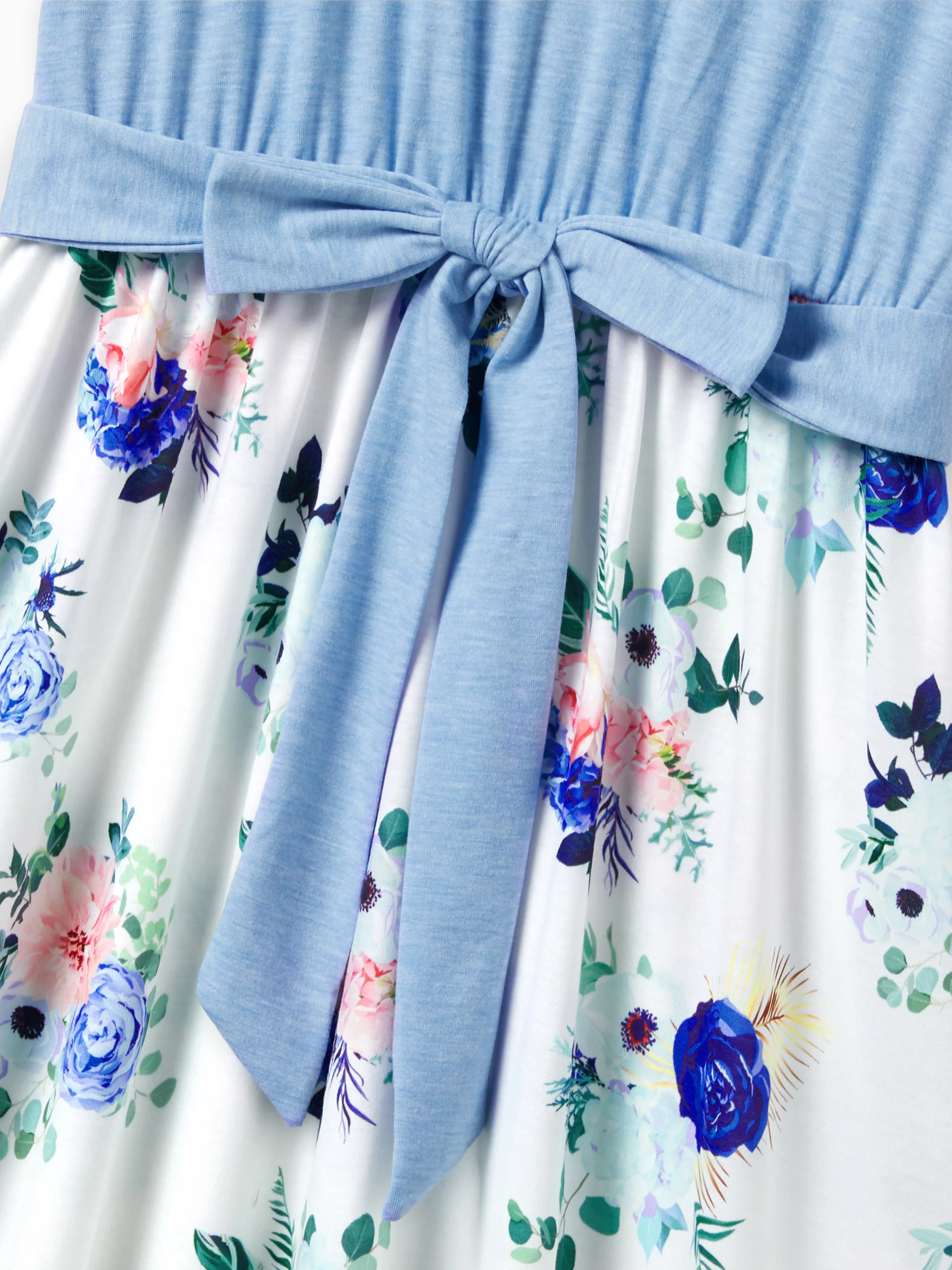 Family Matching Floral Colorblock T-Shirt and Quarter Button Belted Spliced A-Line Dress Sets lightskyblue - Image 5