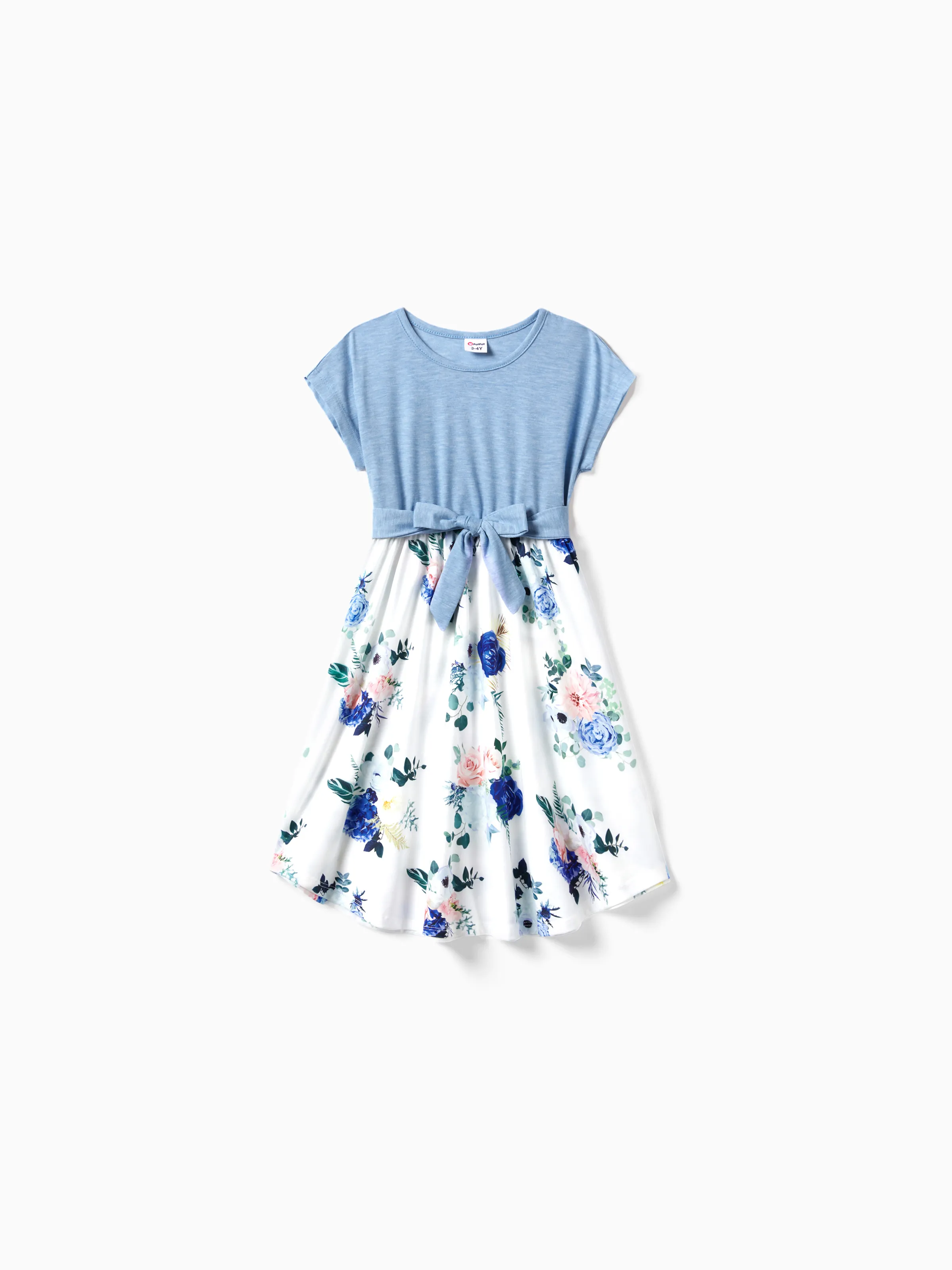 Family Matching Floral Colorblock T-Shirt and Quarter Button Belted Spliced A-Line Dress Sets lightskyblue - Image 7