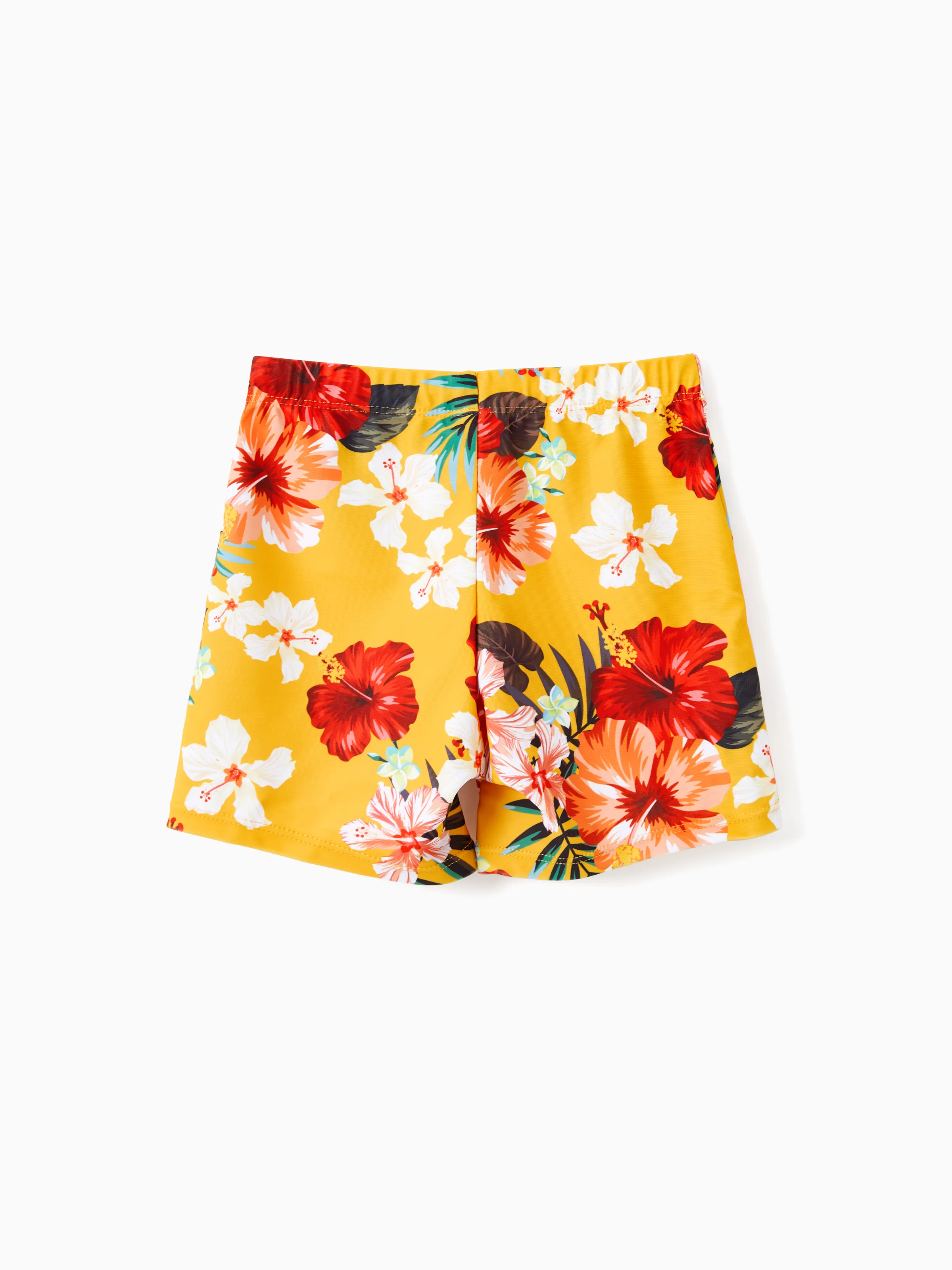 Family Matching Floral Drawstring Swim Trunks or Flowy Spliced Mesh Swim Dress with Triangle Swim Bottom Yellow - Image 13