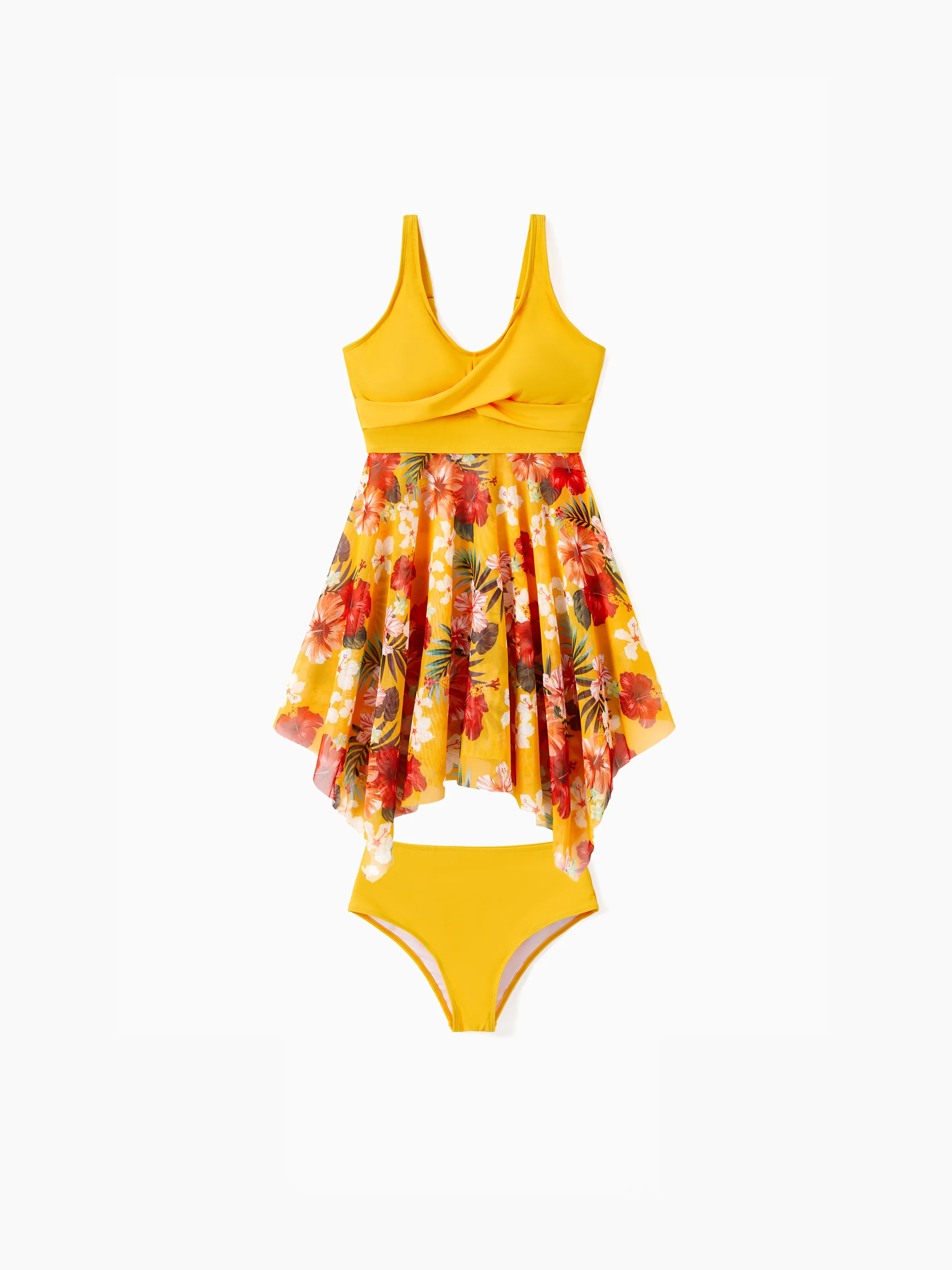 Family Matching Floral Drawstring Swim Trunks or Flowy Spliced Mesh Swim Dress with Triangle Swim Bottom Yellow - Image 2