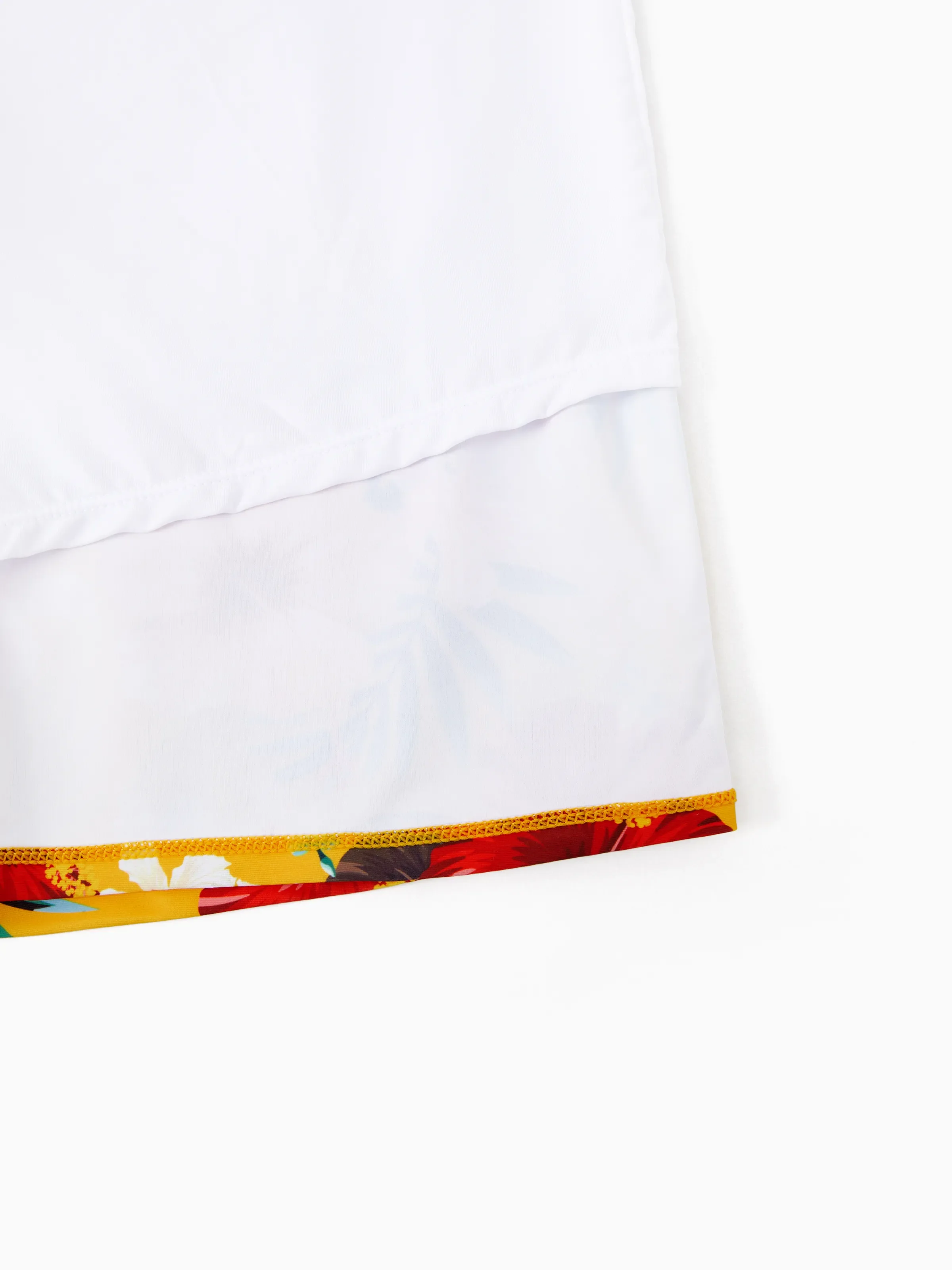 Family Matching Floral Drawstring Swim Trunks or Flowy Spliced Mesh Swim Dress with Triangle Swim Bottom Yellow - Image 21