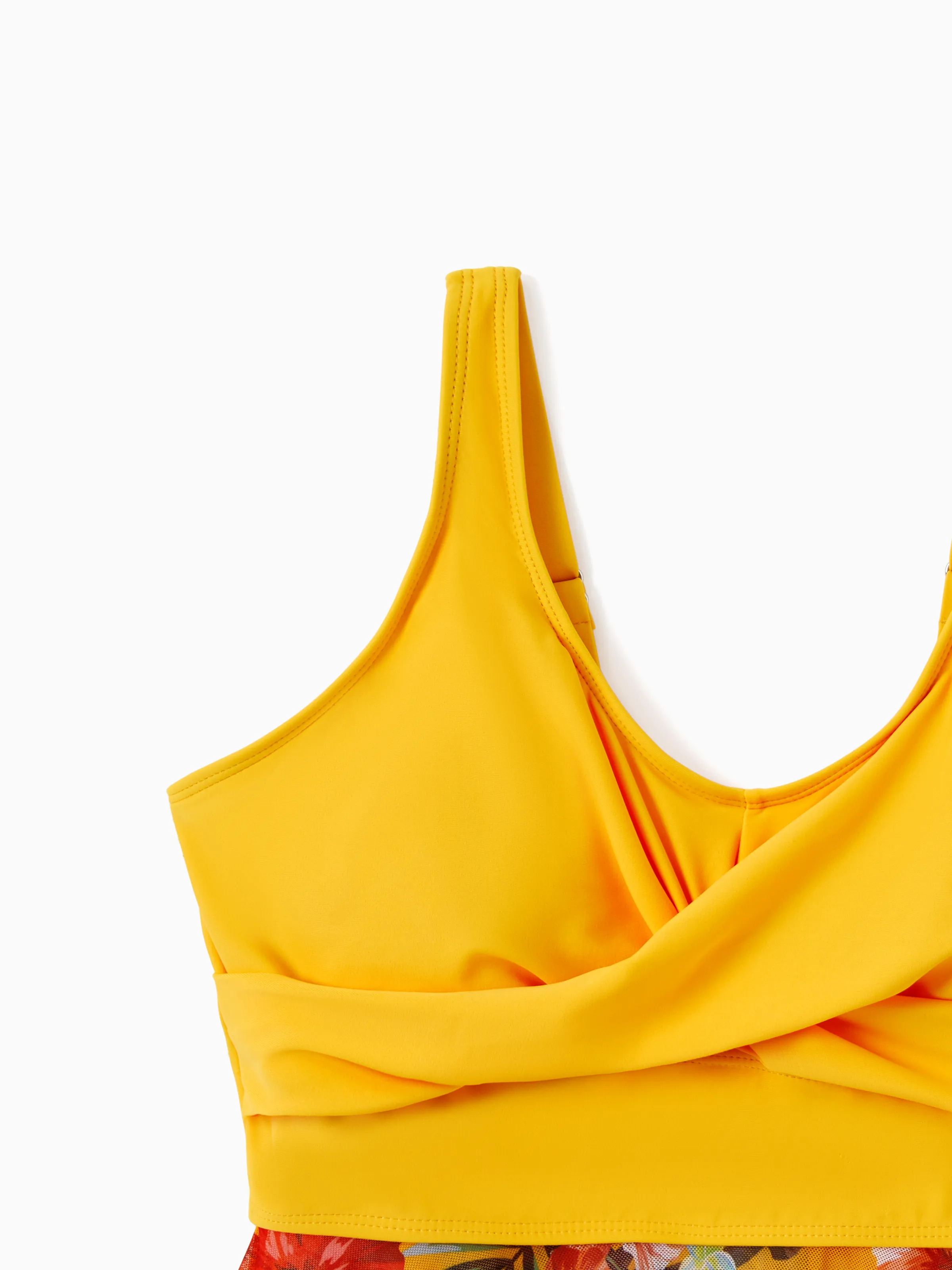 Family Matching Floral Drawstring Swim Trunks or Flowy Spliced Mesh Swim Dress with Triangle Swim Bottom Yellow - Image 3