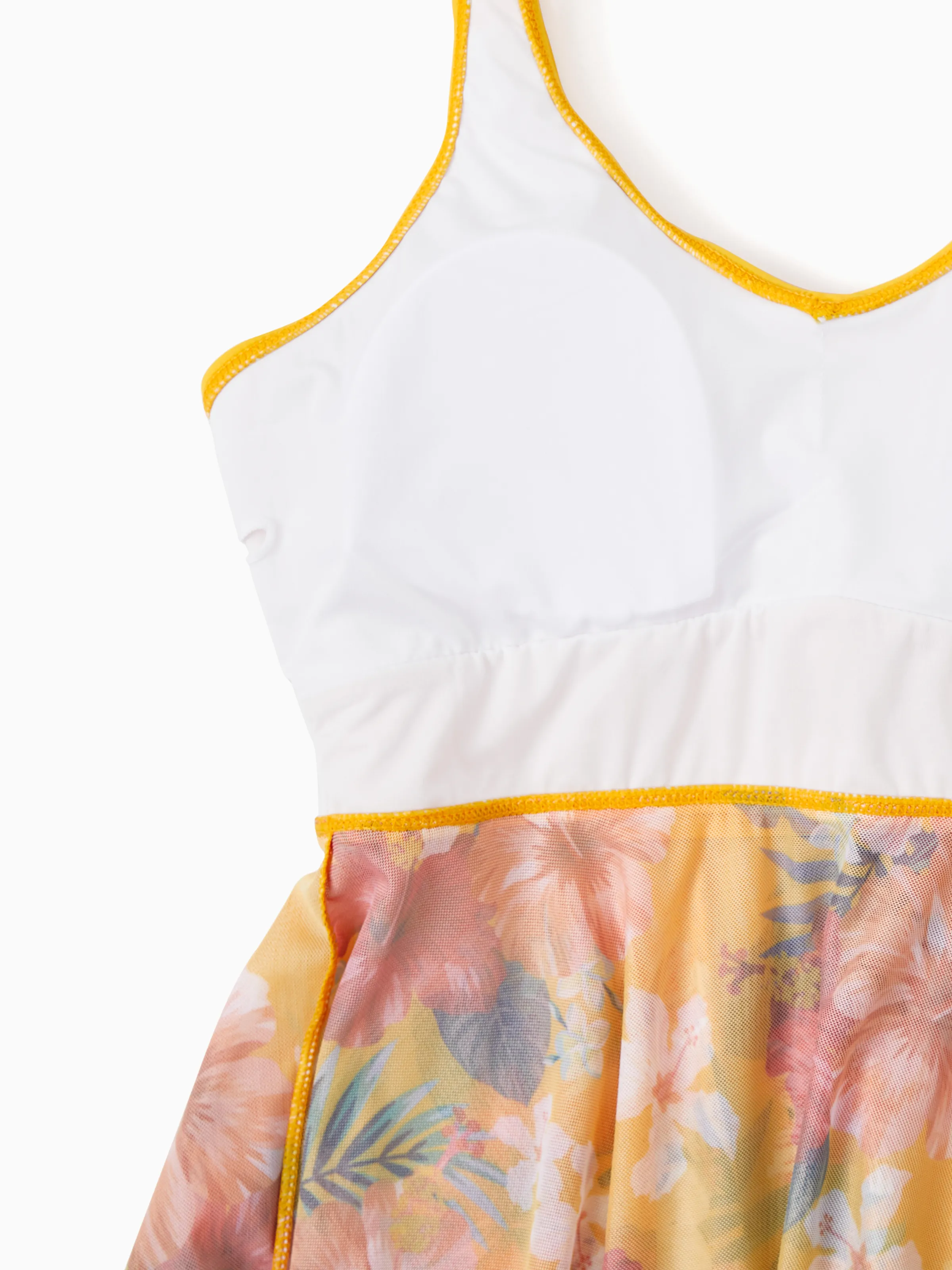 Family Matching Floral Drawstring Swim Trunks or Flowy Spliced Mesh Swim Dress with Triangle Swim Bottom Yellow - Image 5