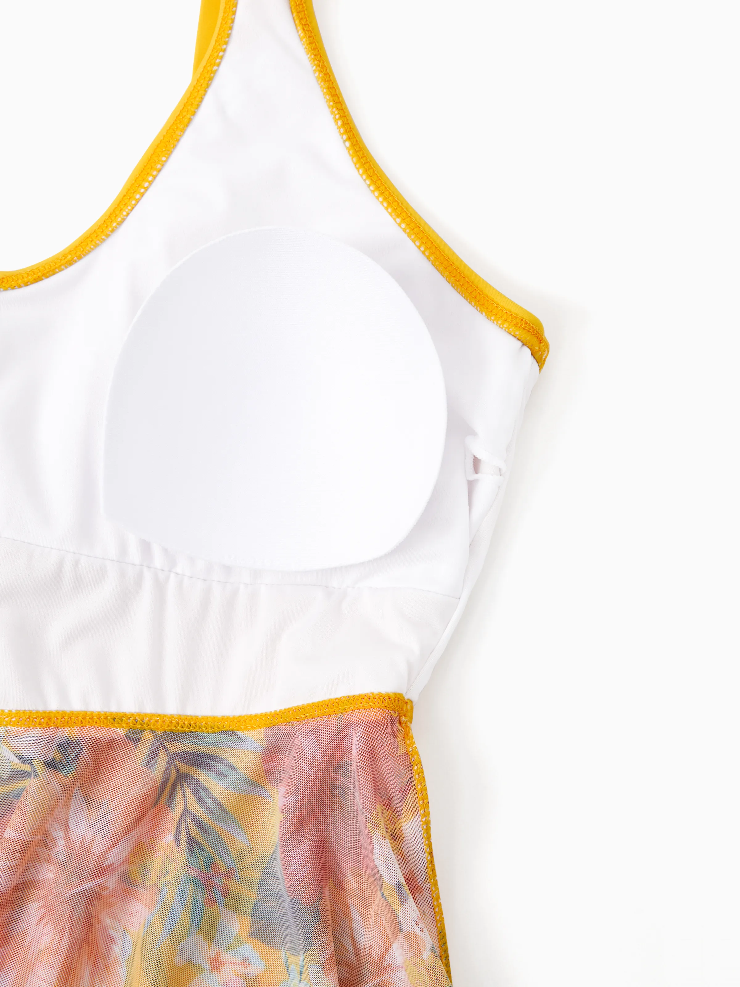 Family Matching Floral Drawstring Swim Trunks or Flowy Spliced Mesh Swim Dress with Triangle Swim Bottom Yellow - Image 6
