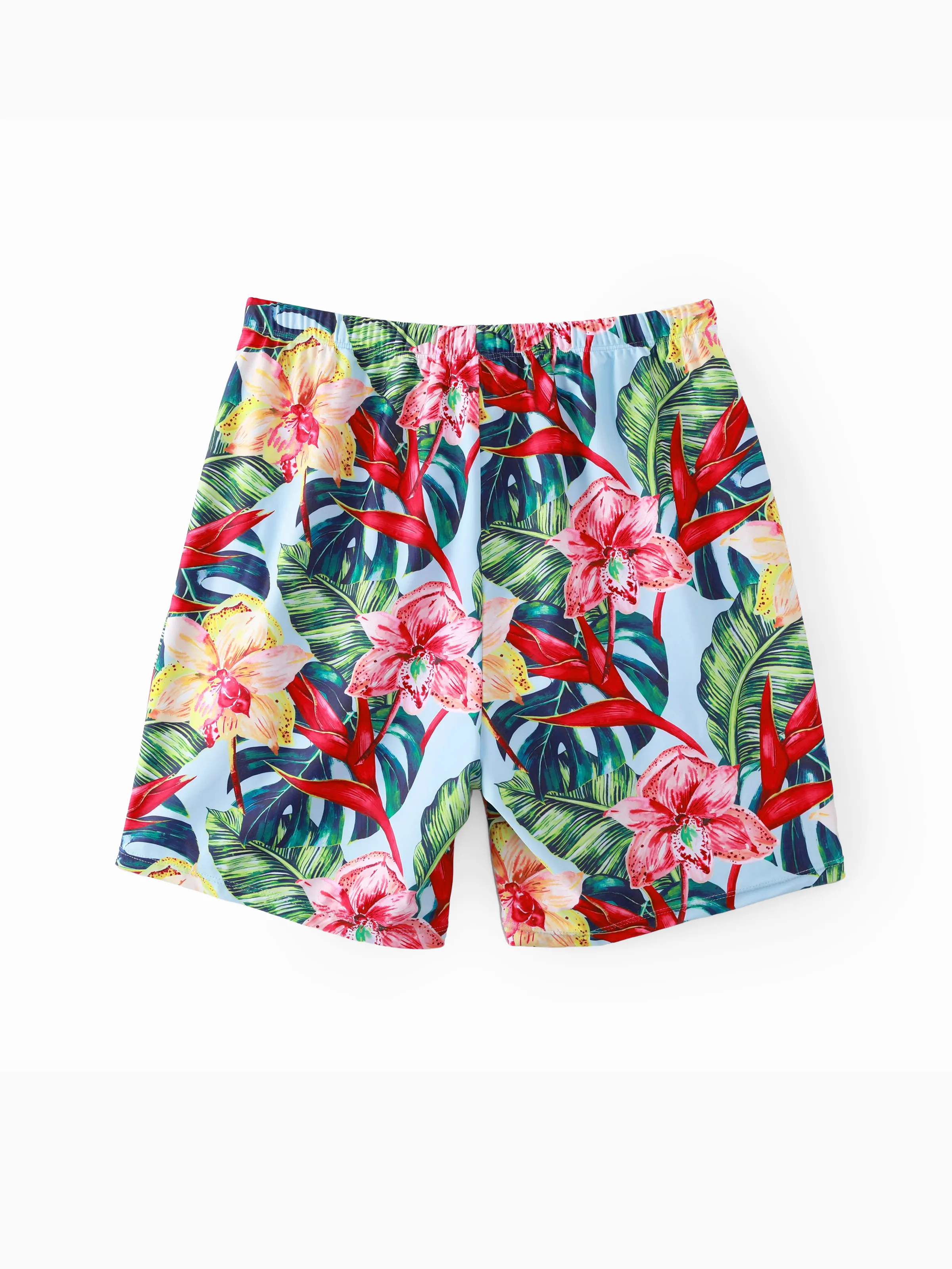 Family Matching Floral Drawstring Swim Trunks or Ruched Shell Edge Bikini with Optional Swim Cover Up Red - Image 17