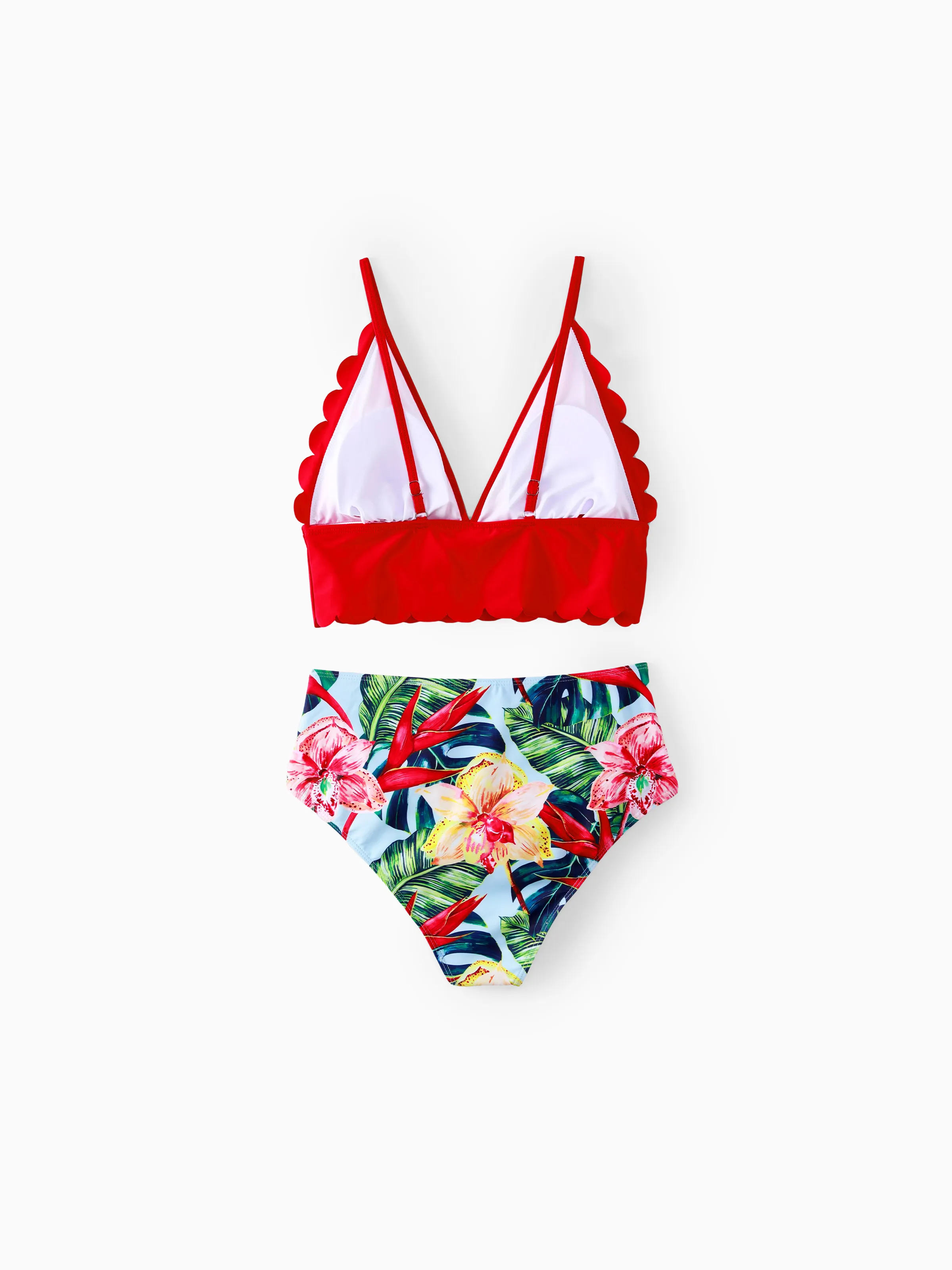 Family Matching Floral Drawstring Swim Trunks or Ruched Shell Edge Bikini with Optional Swim Cover Up Red - Image 4