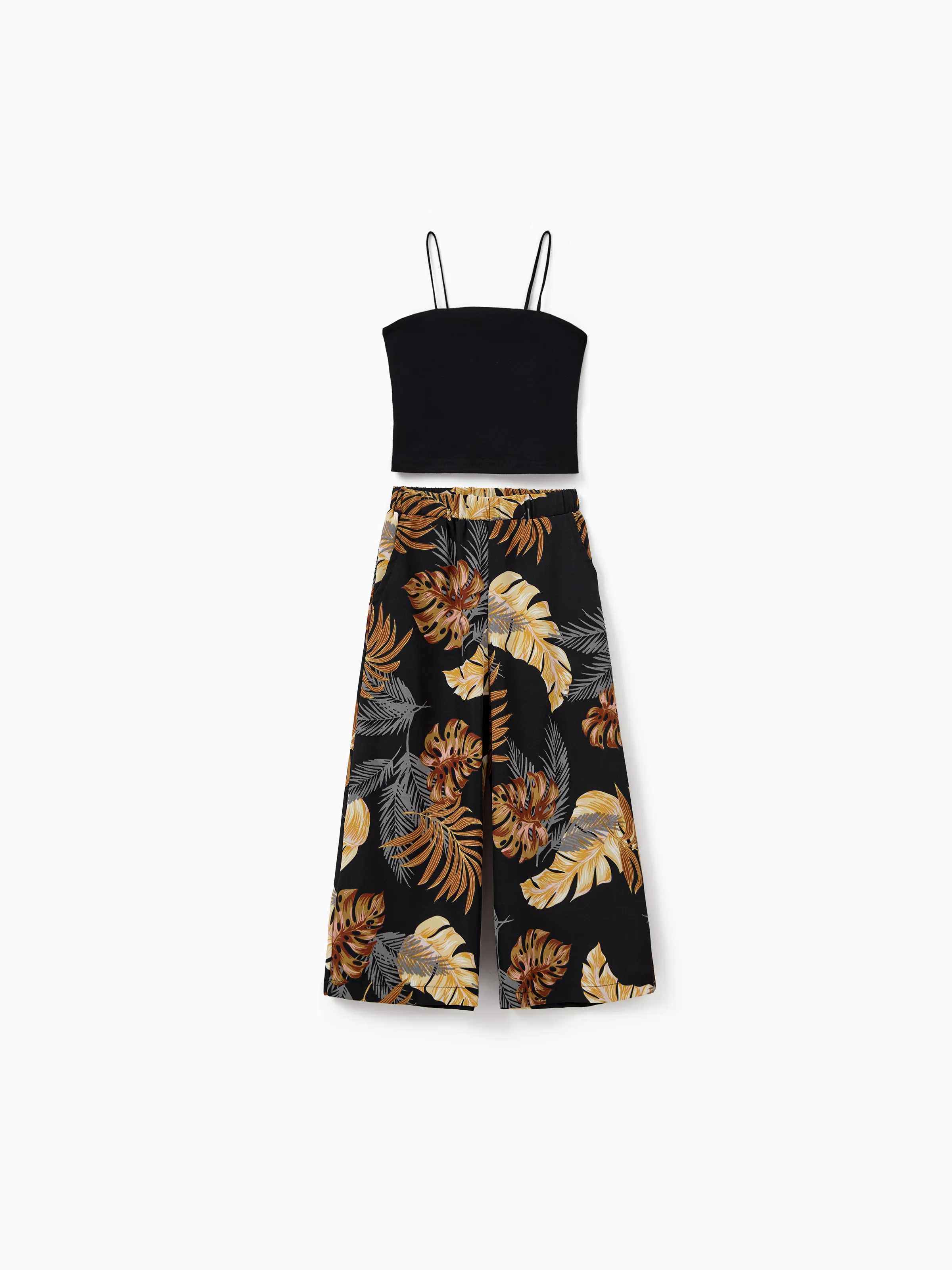 Family Matching Floral Print Beach Wear Short-sleeve Shirt or Camisole top and Wide-Leg Pants Set for Summer Vacation Family Looks Black+White - Image 12