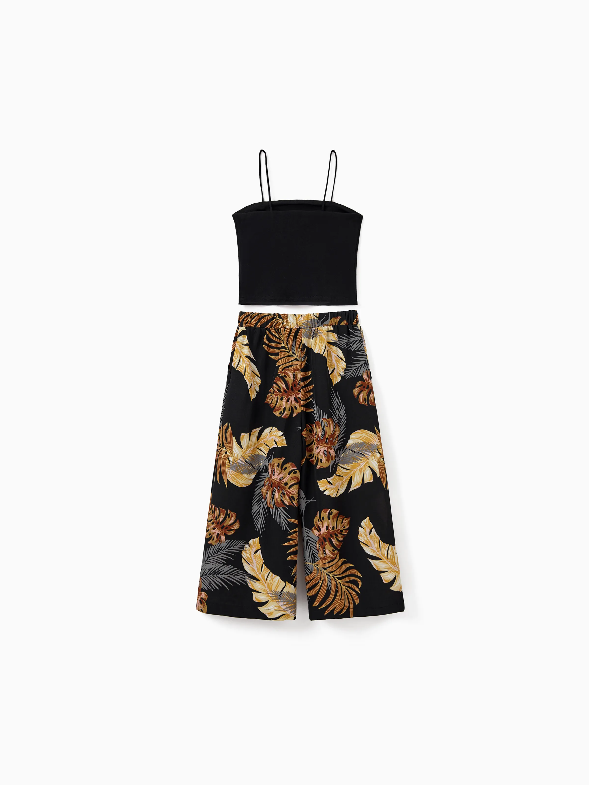 Family Matching Floral Print Beach Wear Short-sleeve Shirt or Camisole top and Wide-Leg Pants Set for Summer Vacation Family Looks Black+White - Image 13