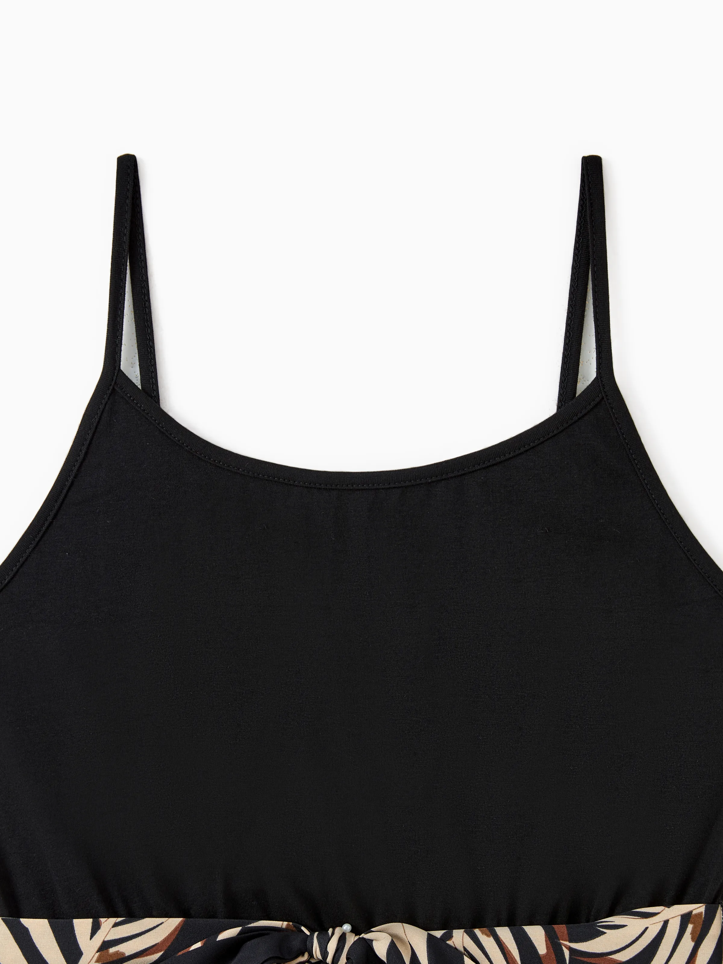 Family Matching Floral Print Belted Cami Dresses And Solid Short Sleeve Tops Sets Black - Image 5