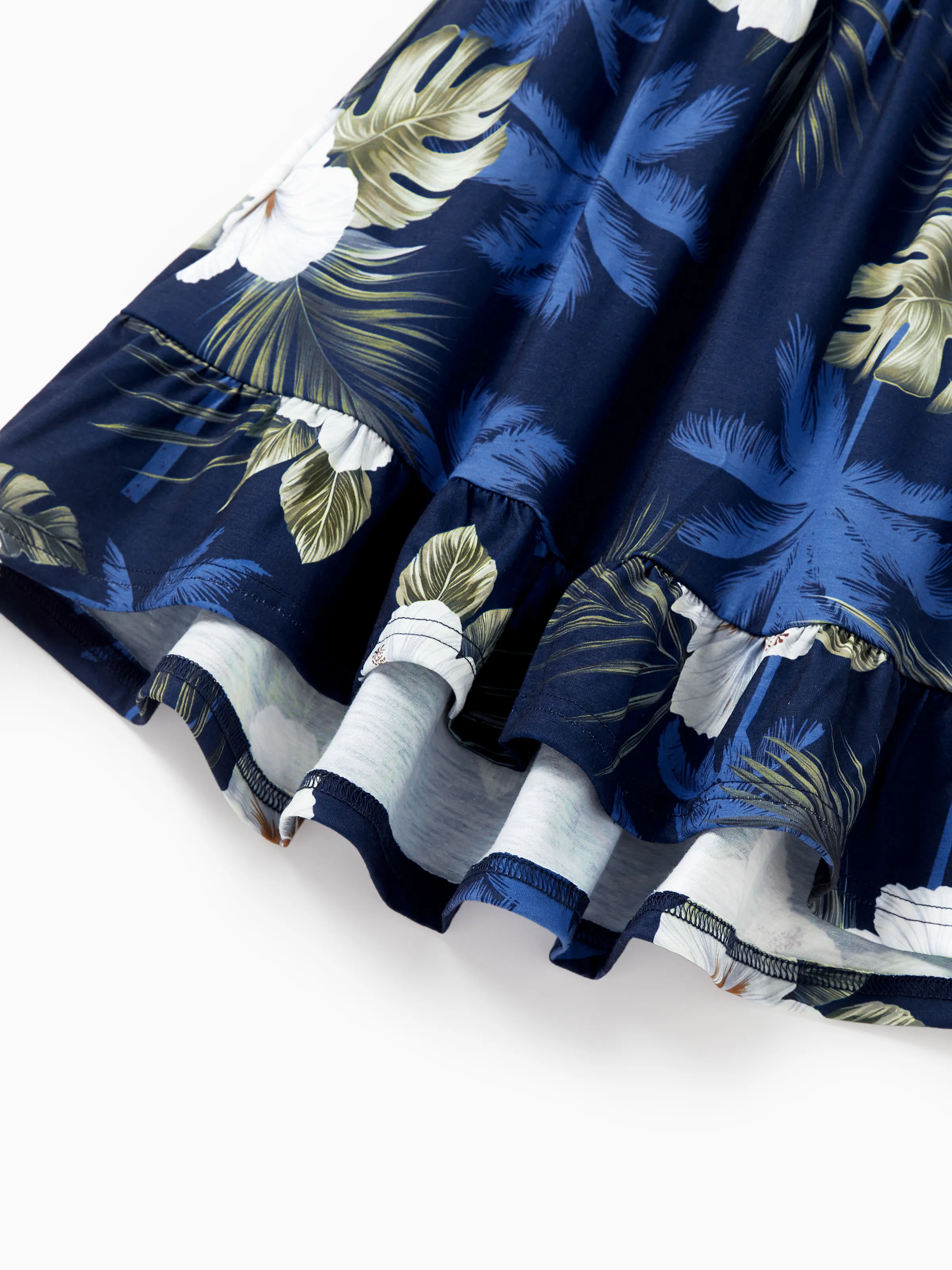 Family Matching Floral Print Cotton Top Short-sleeve Shirt or Splicing Sleeveless Tank Dress Deep Blue - Image 11
