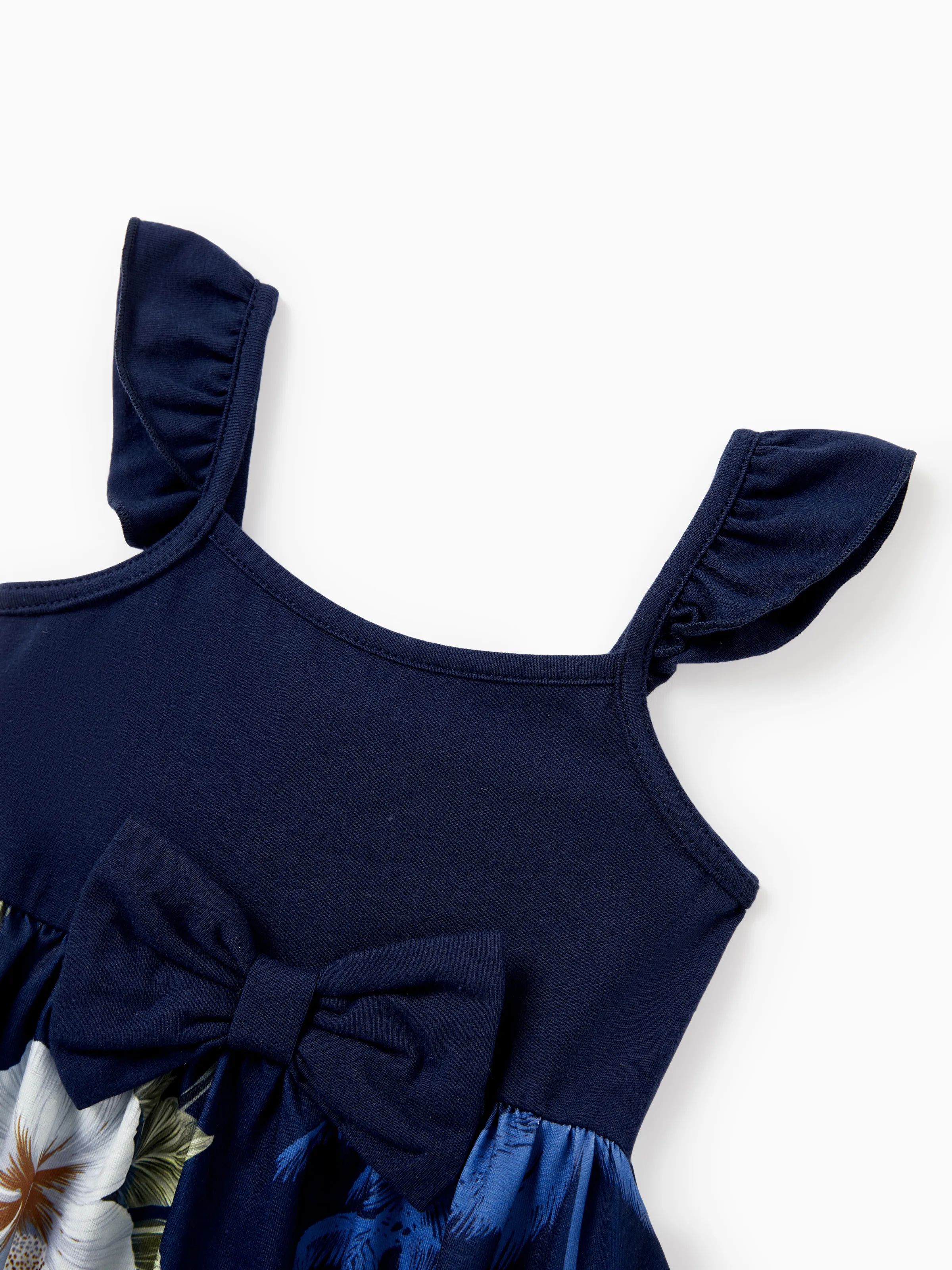 Family Matching Floral Print Cotton Top Short-sleeve Shirt or Splicing Sleeveless Tank Dress Deep Blue - Image 15