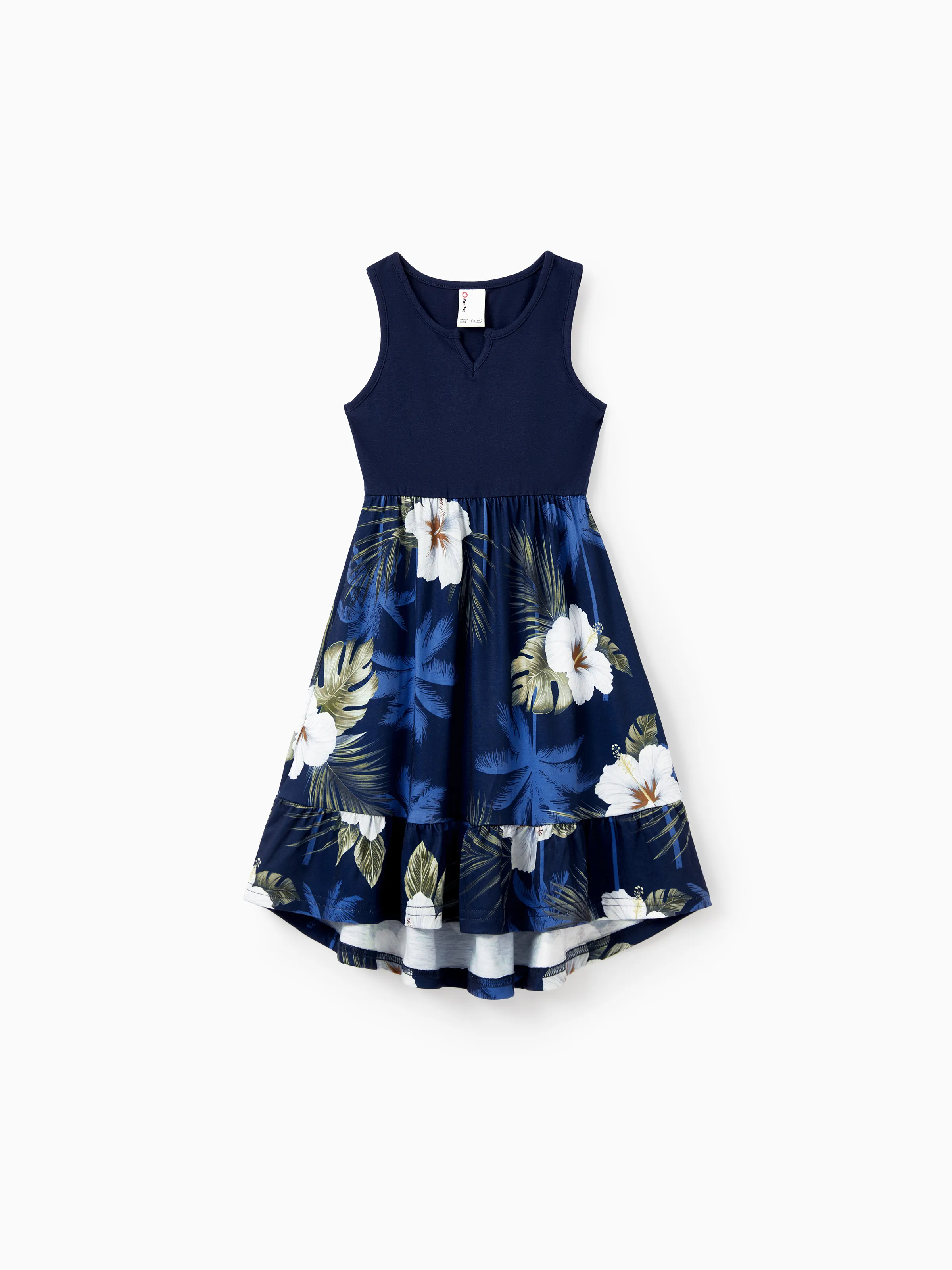 Family Matching Floral Print Cotton Top Short-sleeve Shirt or Splicing Sleeveless Tank Dress Deep Blue - Image 7