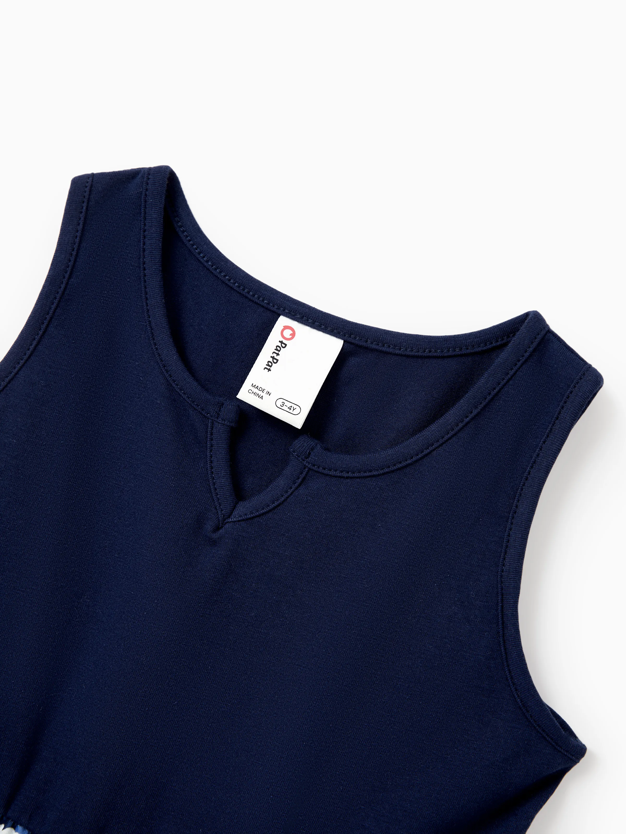 Family Matching Floral Print Cotton Top Short-sleeve Shirt or Splicing Sleeveless Tank Dress Deep Blue - Image 9