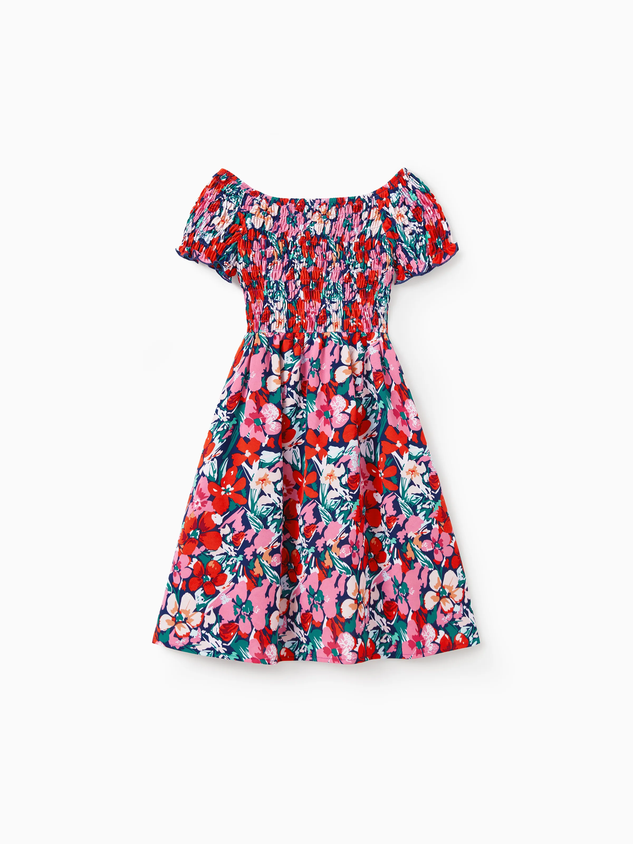 Family Matching Floral Print Short-sleeve Shirt or Off Shoulder Smocking Dresses Set Dark Blue - Image 12