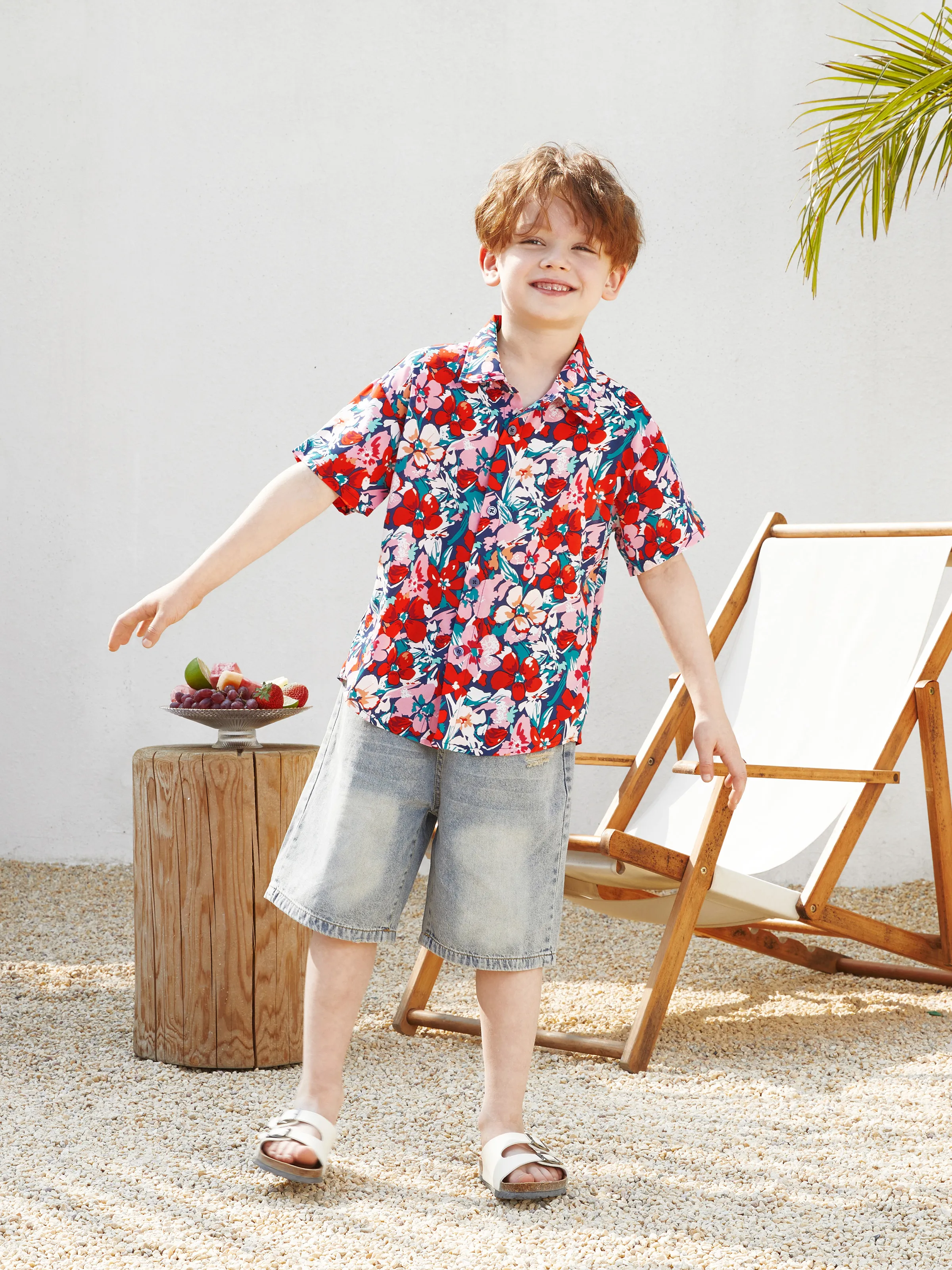 Family Matching Floral Print Short-sleeve Shirt or Off Shoulder Smocking Dresses Set Dark Blue - Image 18