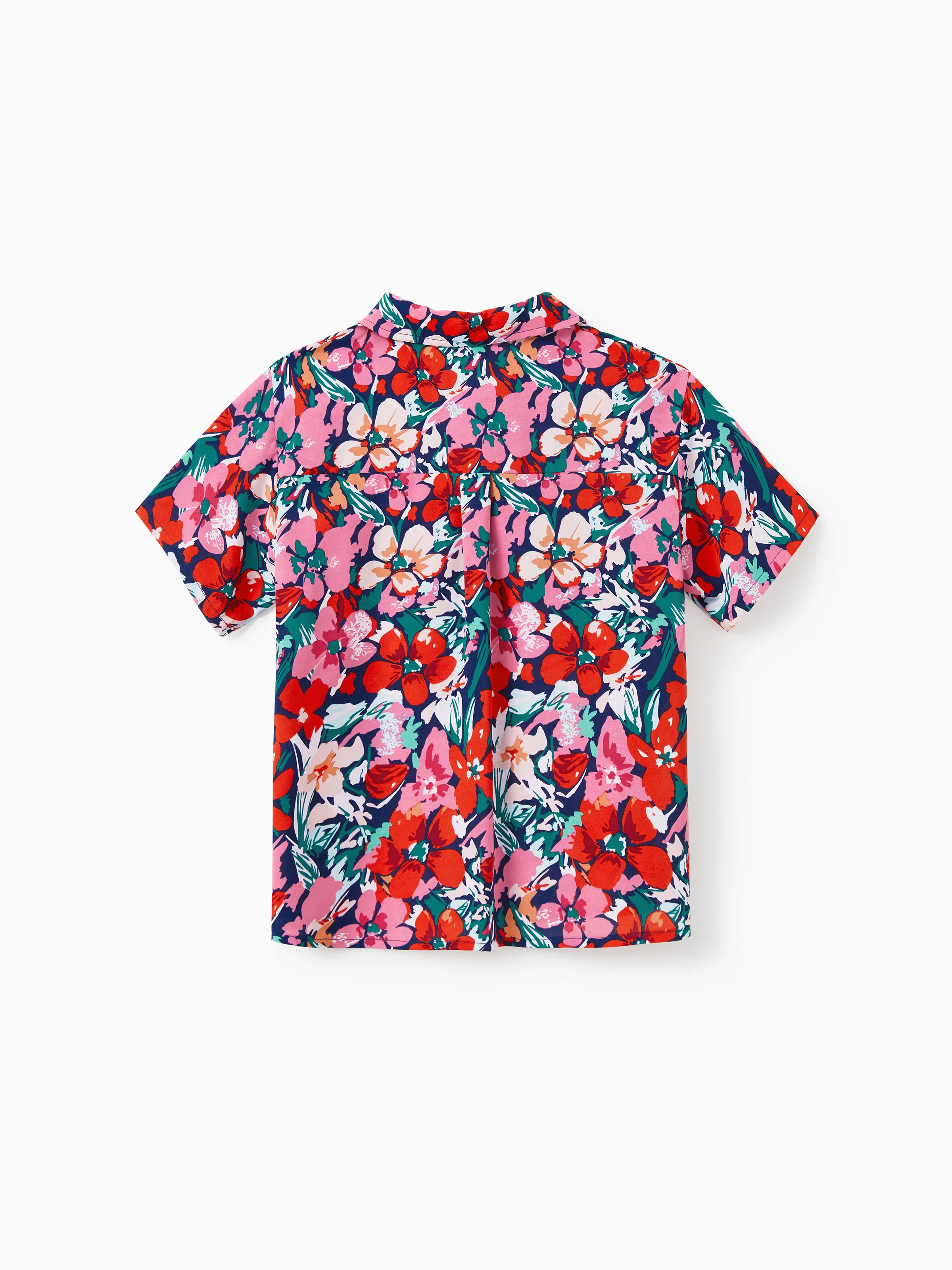 Family Matching Floral Print Short-sleeve Shirt or Off Shoulder Smocking Dresses Set Dark Blue - Image 21