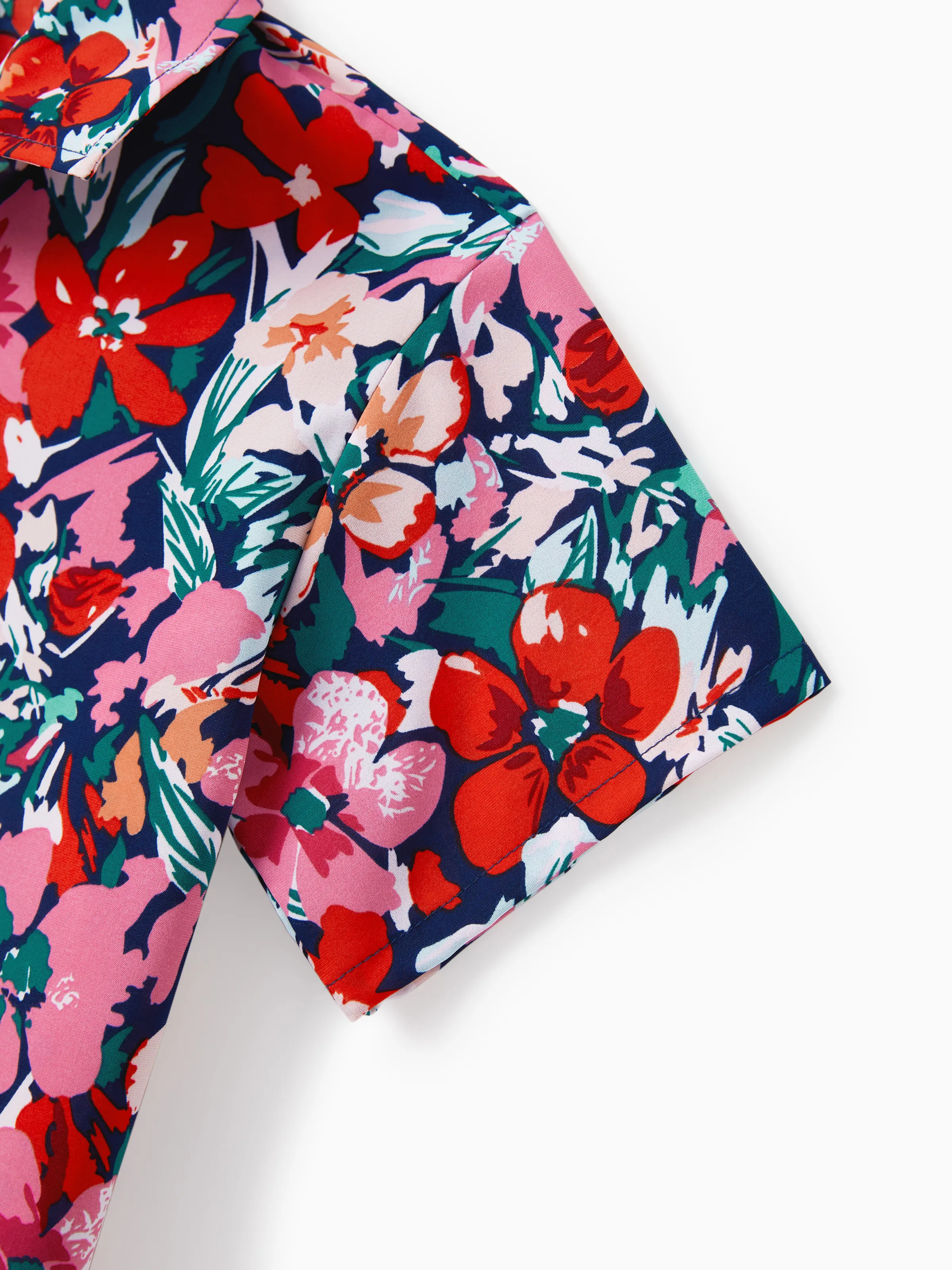 Family Matching Floral Print Short-sleeve Shirt or Off Shoulder Smocking Dresses Set Dark Blue - Image 22
