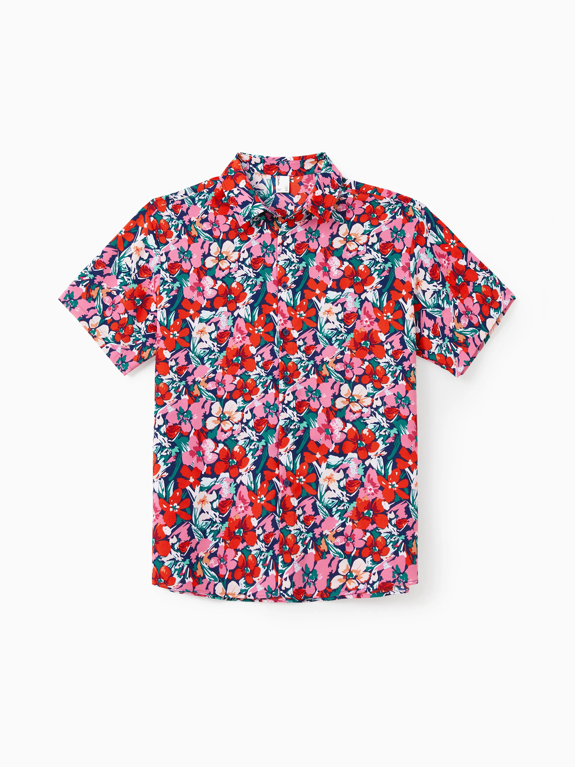 Family Matching Floral Print Short-sleeve Shirt or Off Shoulder Smocking Dresses Set Dark Blue - Image 25