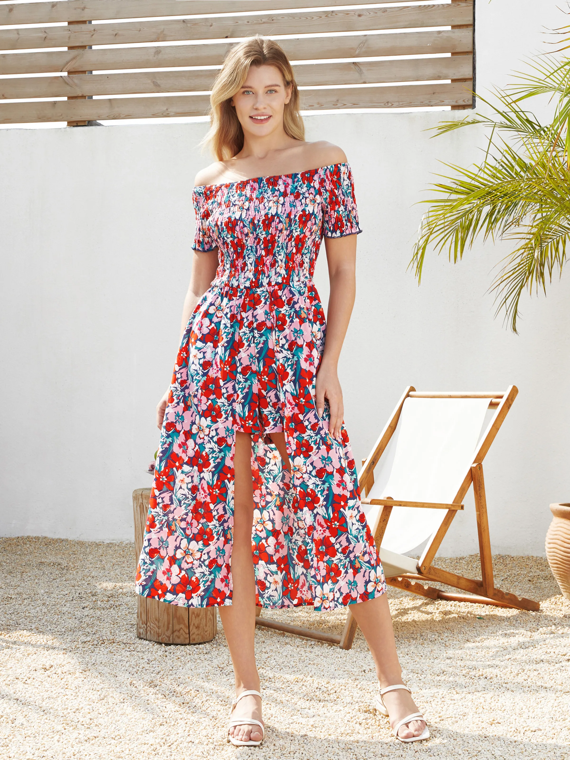 Family Matching Floral Print Short-sleeve Shirt or Off Shoulder Smocking Dresses Set Dark Blue - Image 3