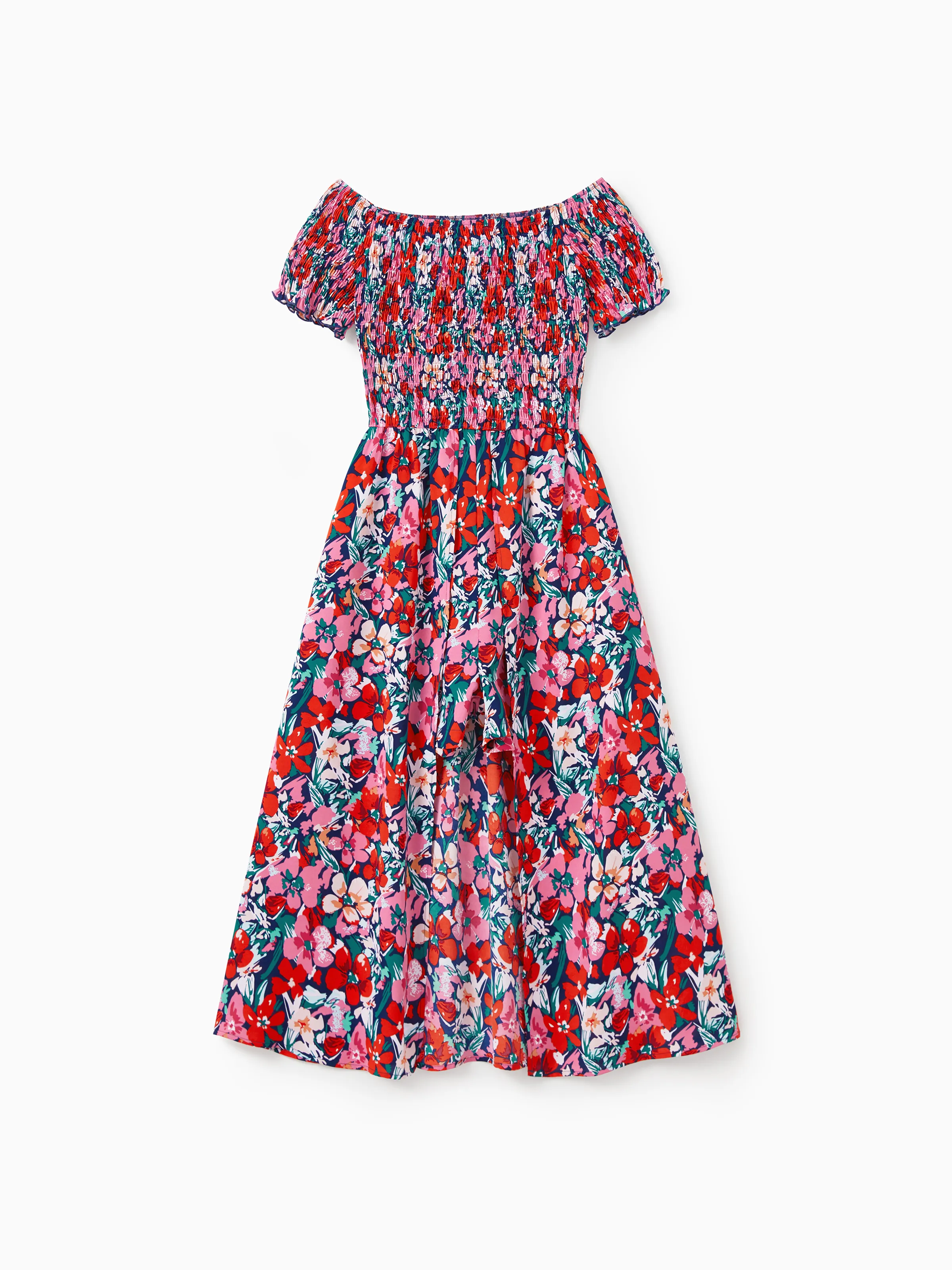 Family Matching Floral Print Short-sleeve Shirt or Off Shoulder Smocking Dresses Set Dark Blue - Image 5