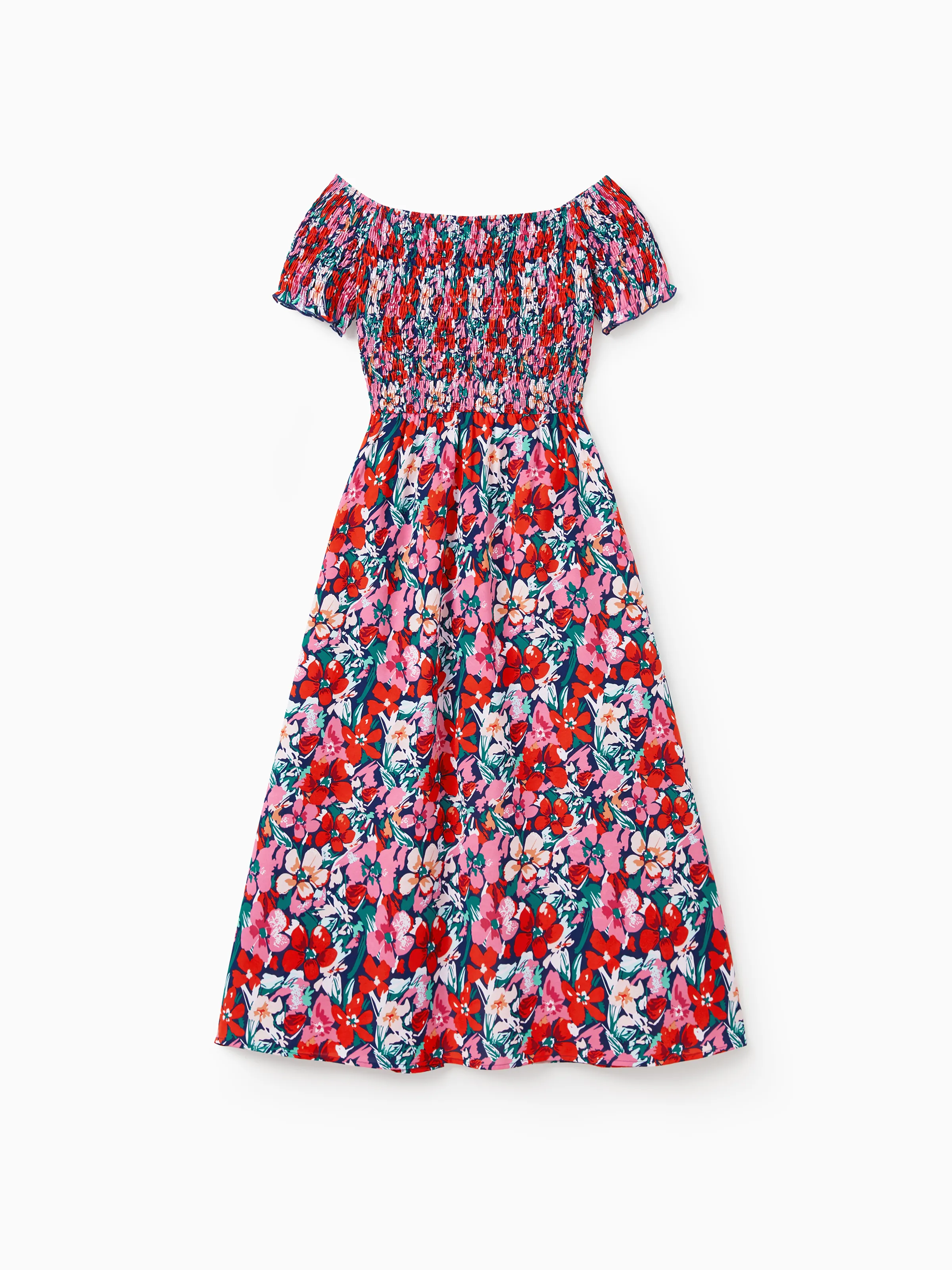 Family Matching Floral Print Short-sleeve Shirt or Off Shoulder Smocking Dresses Set Dark Blue - Image 6