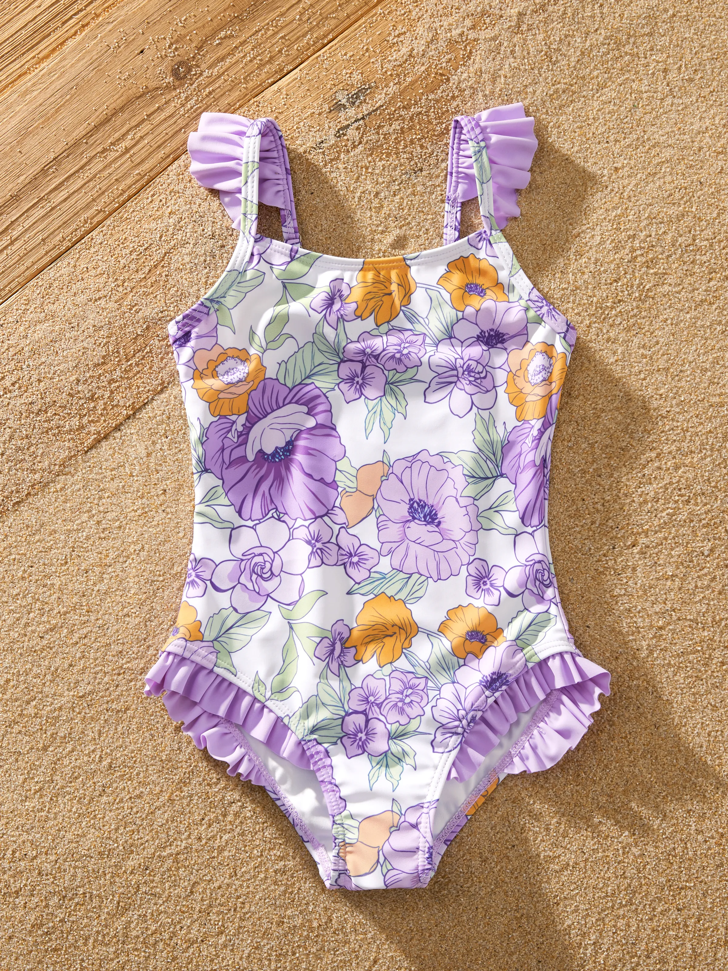 Family Matching Floral Print Swimsuits Ruffled One-Piece Bathing Suit & Swim Trunks Set Purple - Image 12