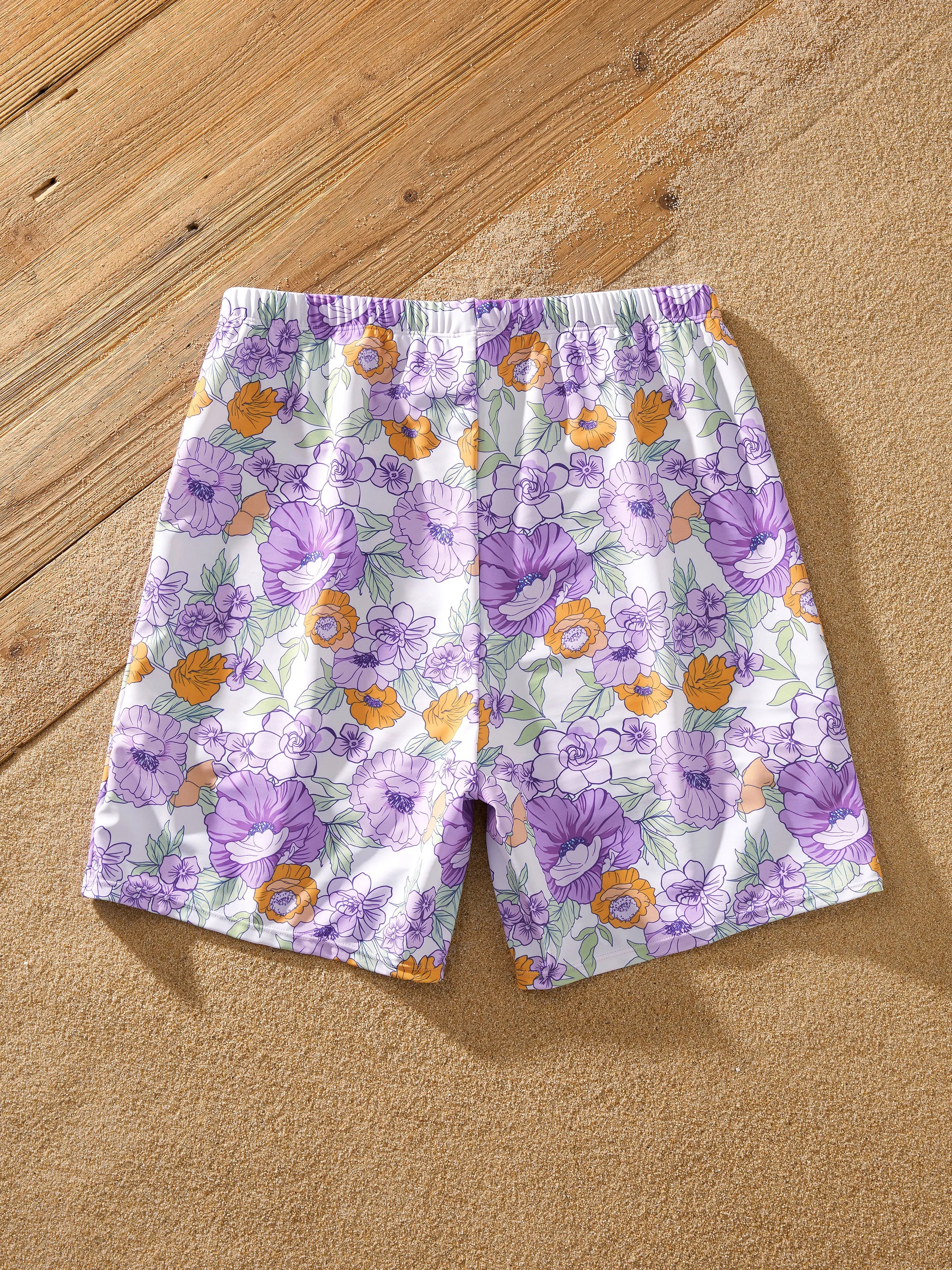 Family Matching Floral Print Swimsuits Ruffled One-Piece Bathing Suit & Swim Trunks Set Purple - Image 25