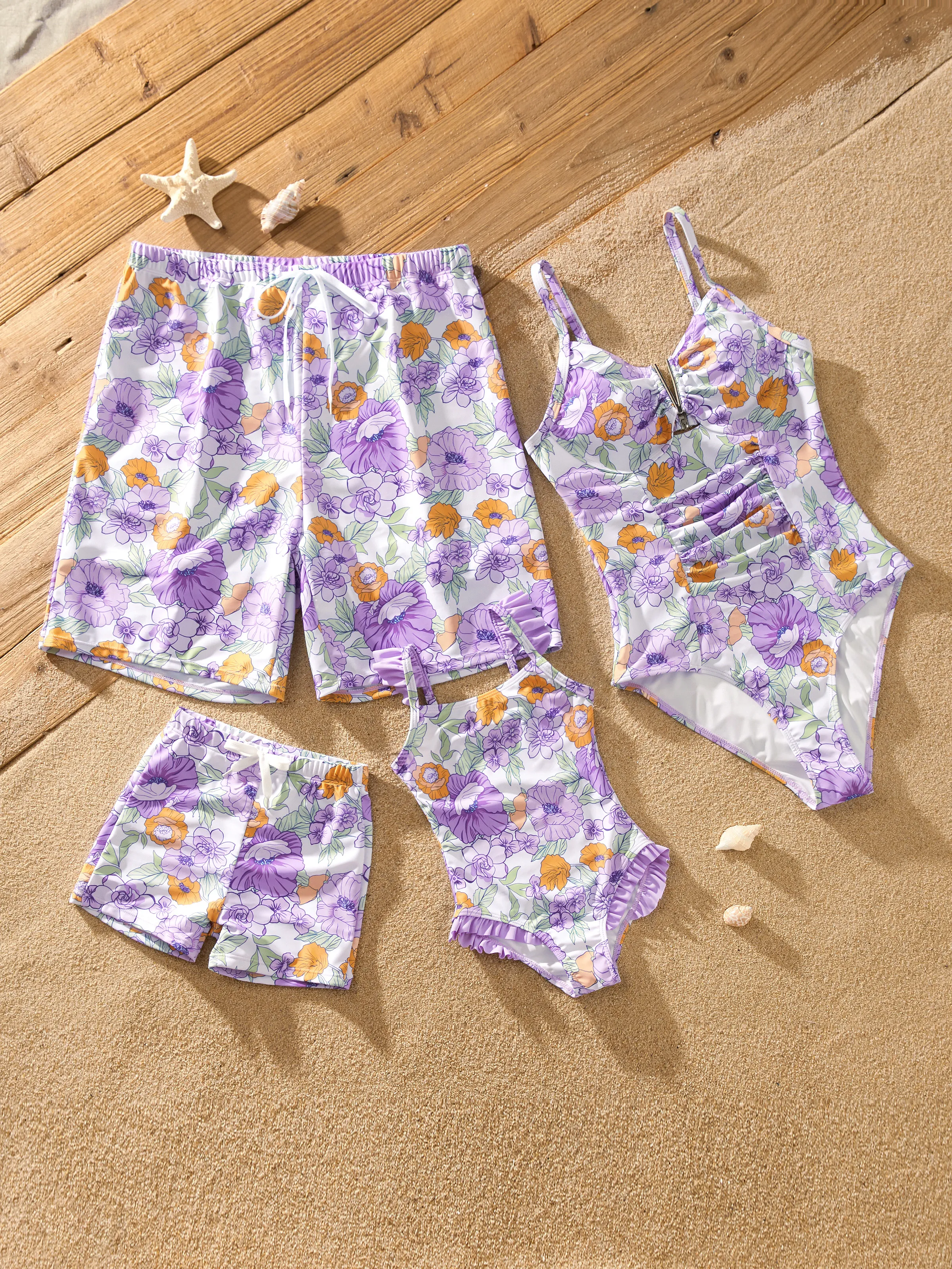 Family Matching Floral Print Swimsuits Ruffled One-Piece Bathing Suit & Swim Trunks Set Purple - Image 3