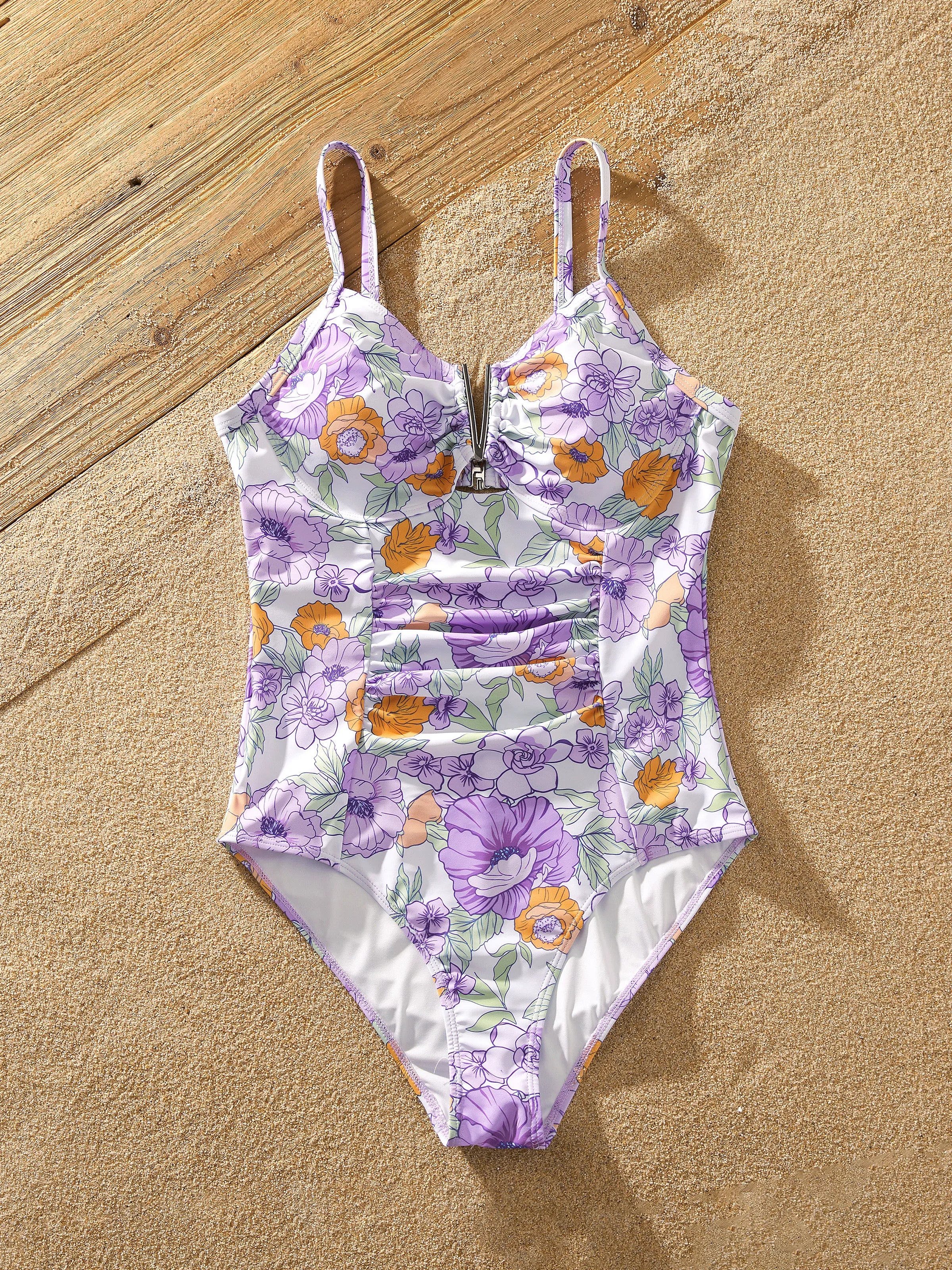 Family Matching Floral Print Swimsuits Ruffled One-Piece Bathing Suit & Swim Trunks Set Purple - Image 7