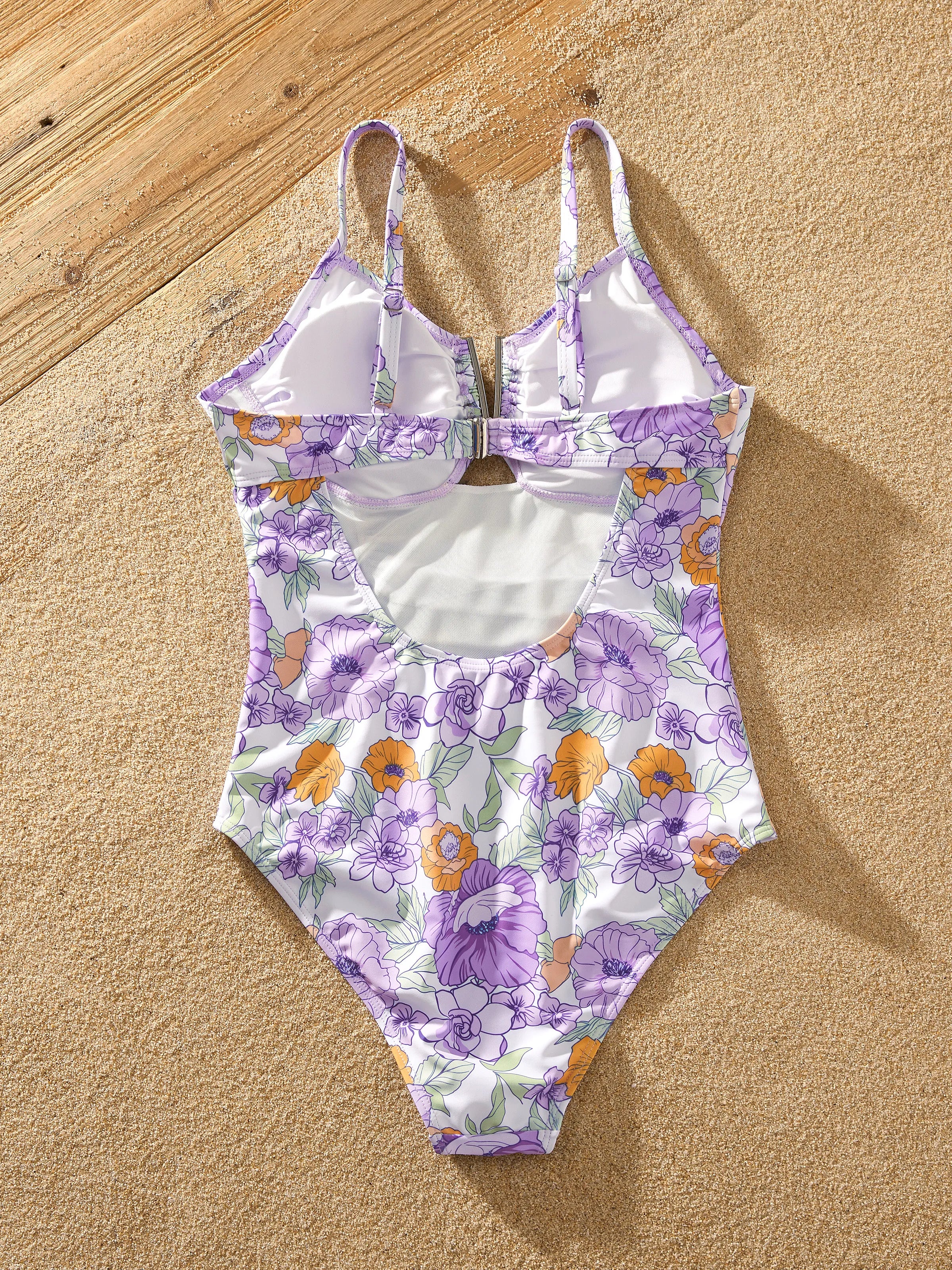 Family Matching Floral Print Swimsuits Ruffled One-Piece Bathing Suit & Swim Trunks Set Purple - Image 8