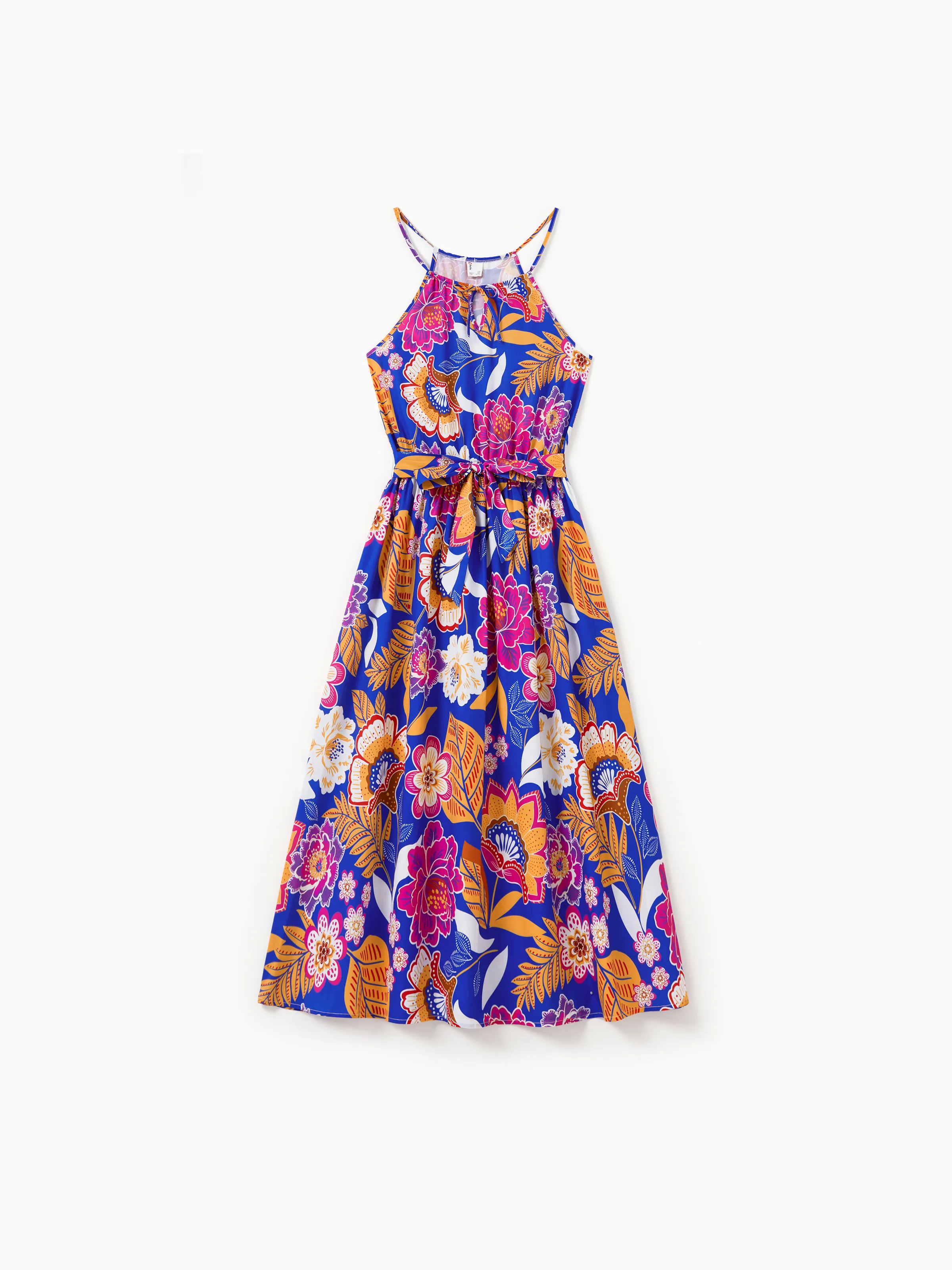 Family Matching Hawaiian Outfits Tropical Floral Print Vacation Clothes Strap Belted Dress or Short-sleeve Shirts Summer Beachwear Set Navy - Image 2