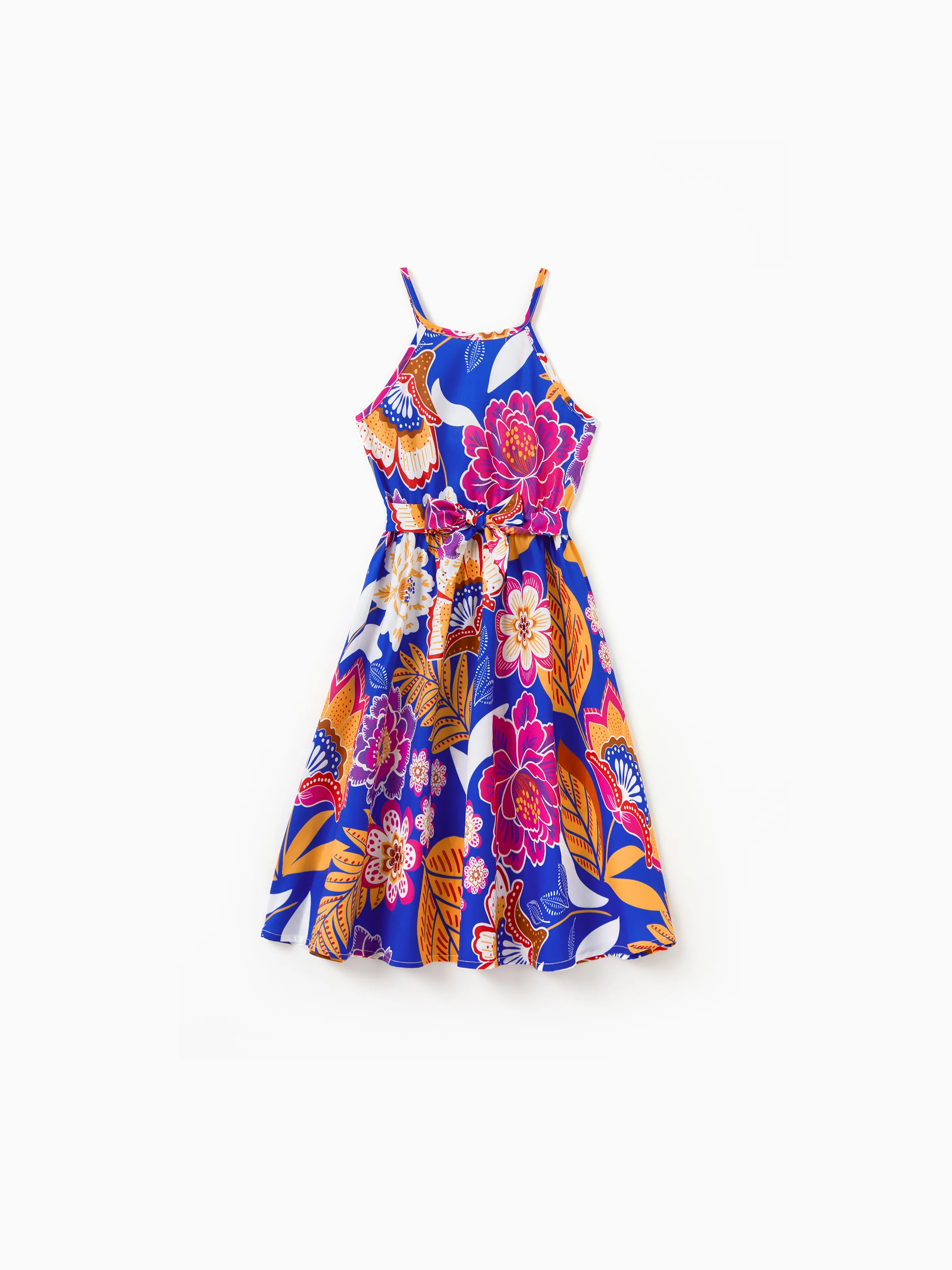 Family Matching Hawaiian Outfits Tropical Floral Print Vacation Clothes Strap Belted Dress or Short-sleeve Shirts Summer Beachwear Set Navy - Image 7