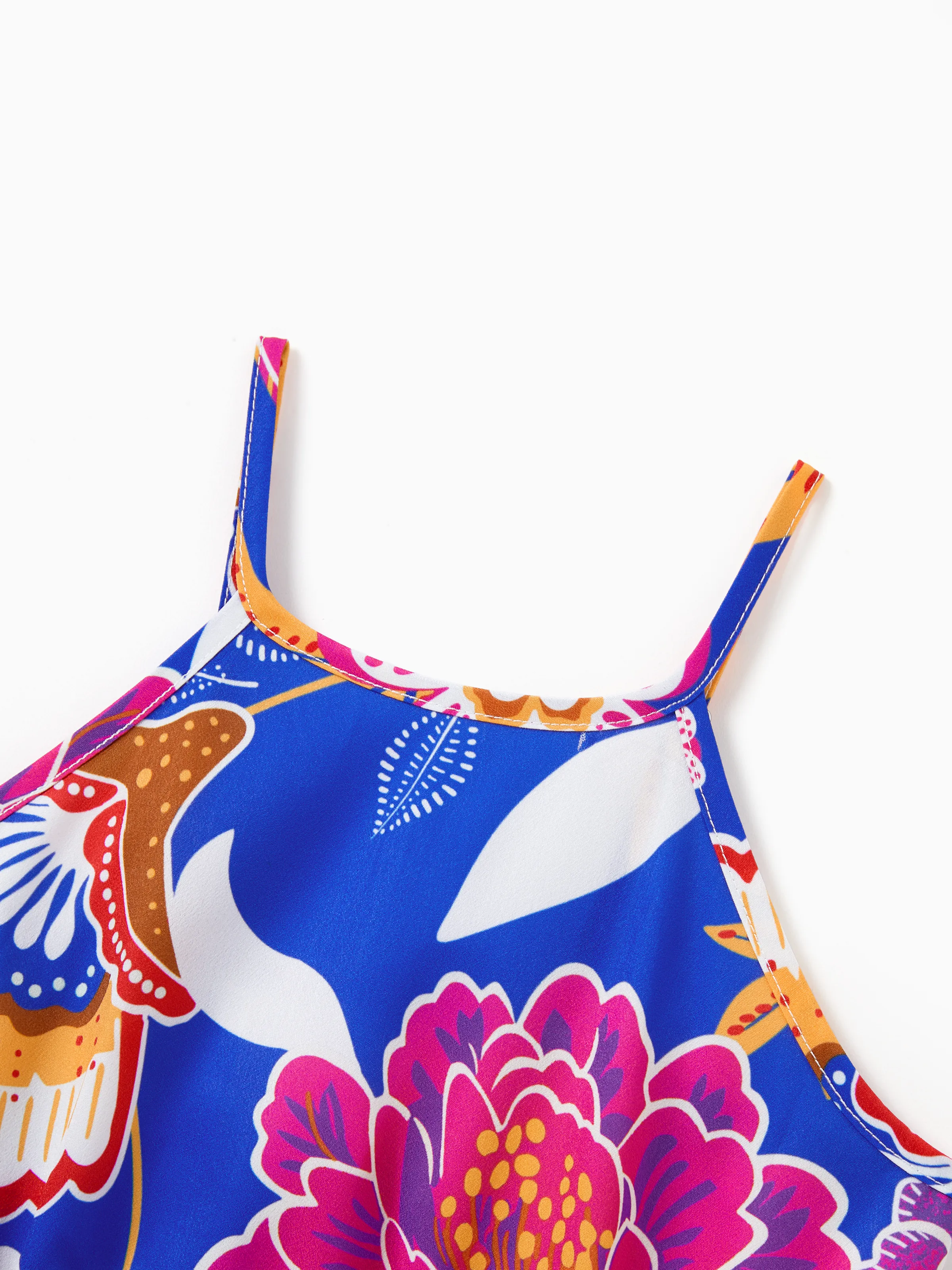 Family Matching Hawaiian Outfits Tropical Floral Print Vacation Clothes Strap Belted Dress or Short-sleeve Shirts Summer Beachwear Set Navy - Image 9
