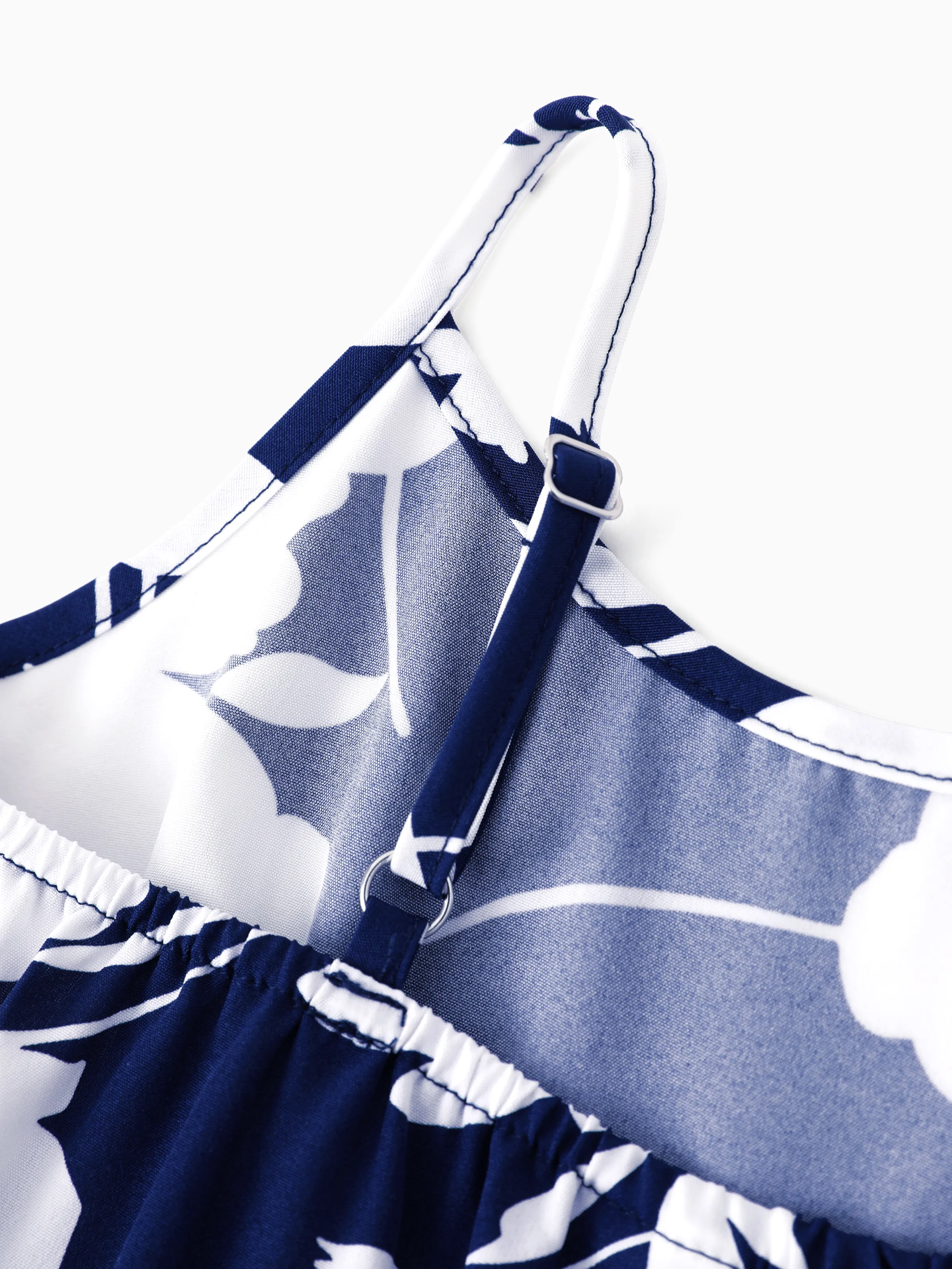 Family Matching Leaf Print Blue Short-sleeve Shirt or Sling Shirred Dress Set Blue - Image 10
