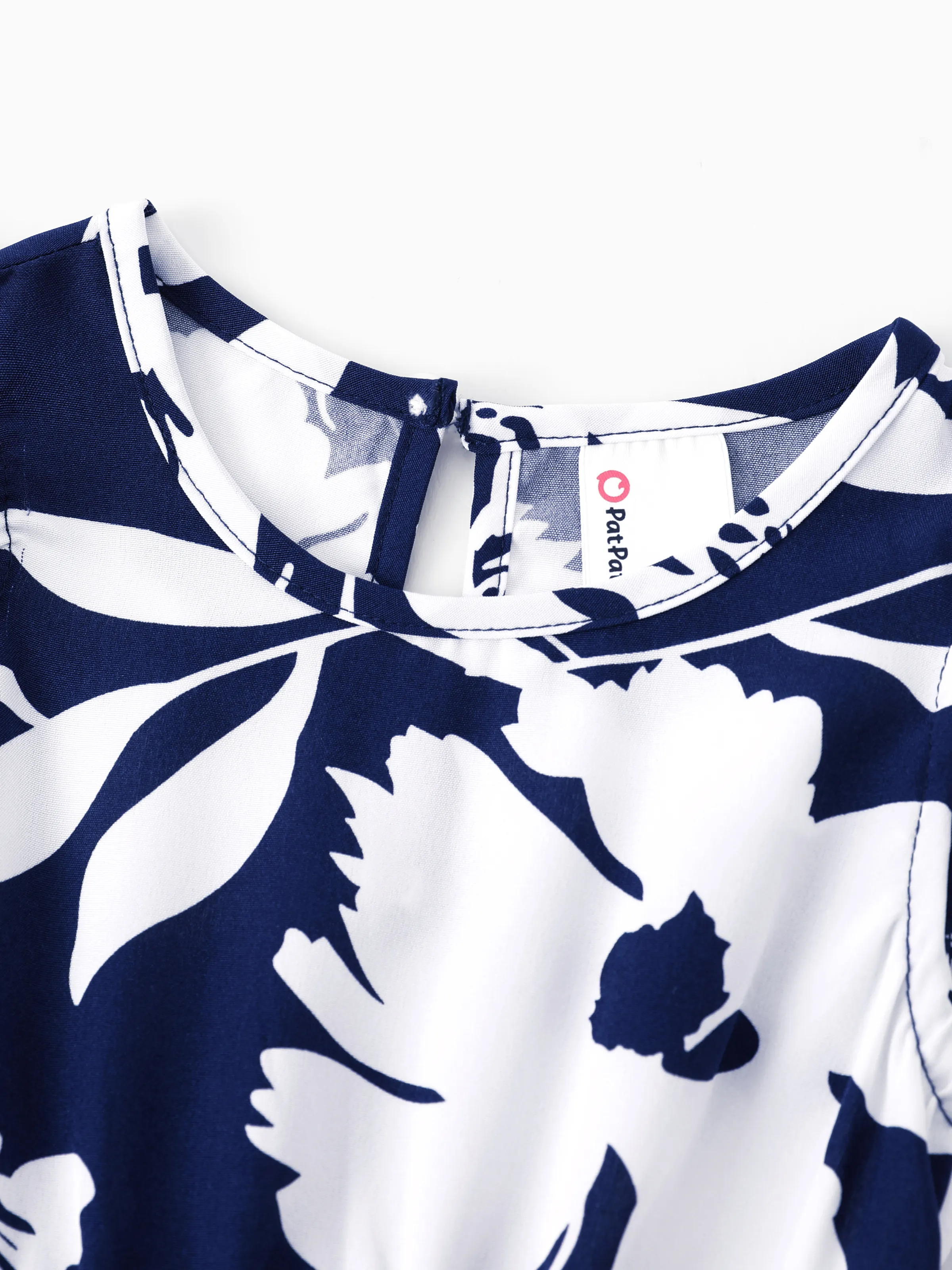 Family Matching Leaf Print Blue Short-sleeve Shirt or Sling Shirred Dress Set Blue - Image 14
