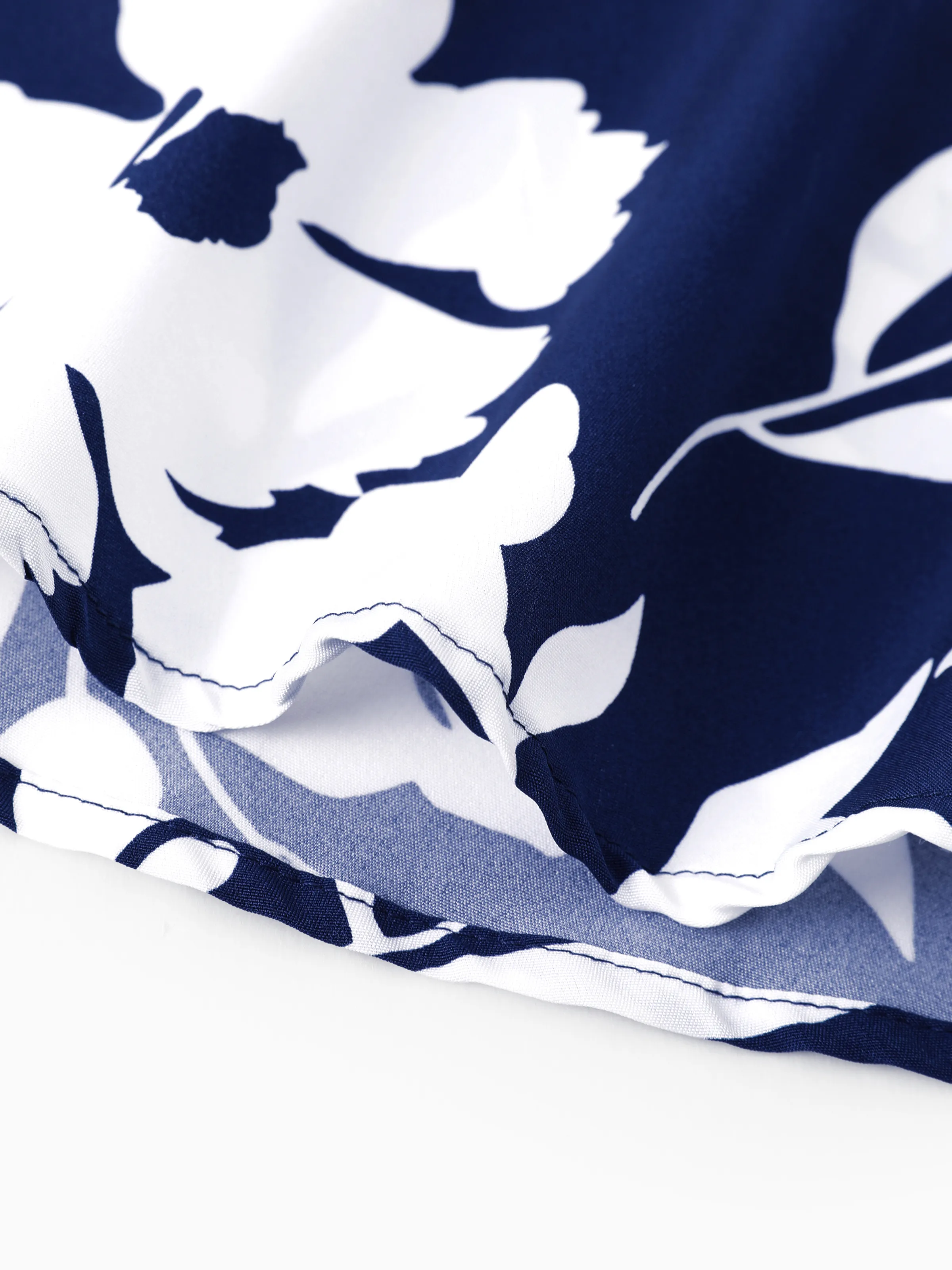 Family Matching Leaf Print Blue Short-sleeve Shirt or Sling Shirred Dress Set Blue - Image 6