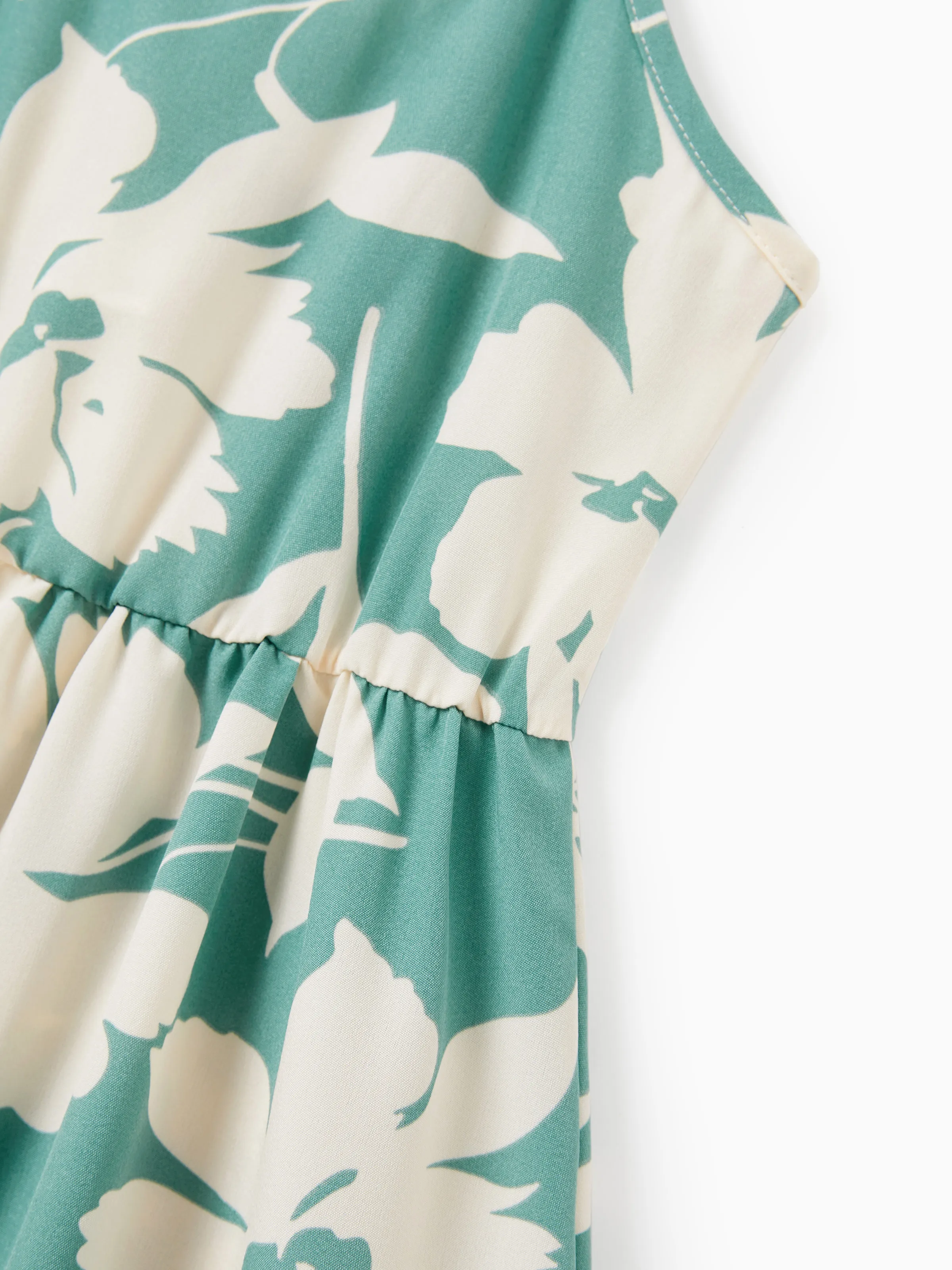 Family Matching Leaf Print Green Short-sleeve Shirt or Sling Shirred Dress Set Green - Image 11